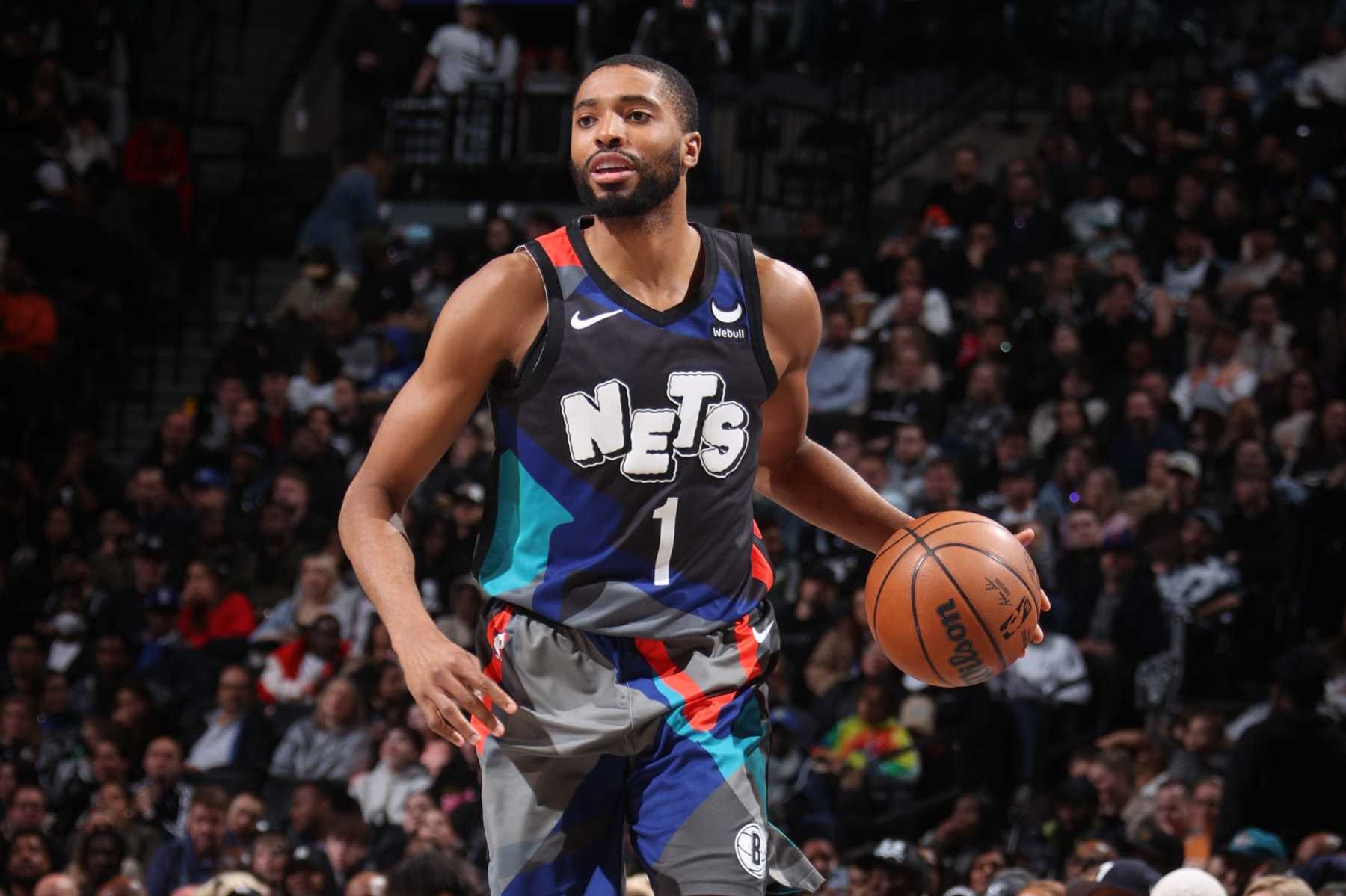 BROOKLYN, NY - APRIL 6: Mikal Bridges #1 of the Brooklyn Nets dribbles the ball during the game against the Detroit Pistons on April 6, 2024 at Barclays Center in Brooklyn, New York. NOTE TO USER: User expressly acknowledges and agrees that, by downloading and or using this Photograph, user is consenting to the terms and conditions of the Getty Images License Agreement. Mandatory Copyright Notice: Copyright 2024 NBAE (Photo by Nathaniel S. Butler/NBAE via Getty Images)