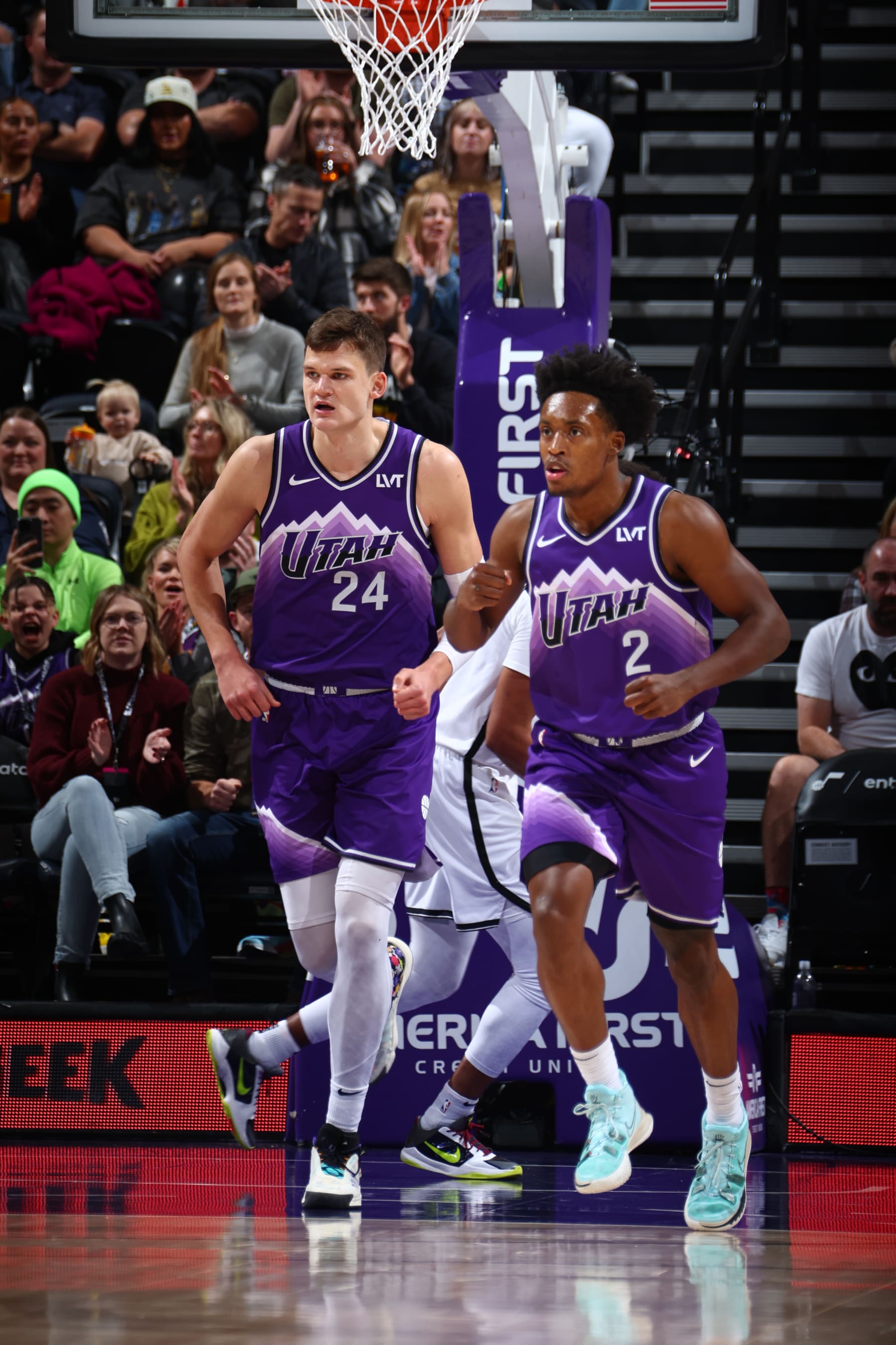 SALT LAKE CITY, UT - DECEMBER 18: Colin Sexton #2 of the Utah Jazz celebrates during the game against the Brooklyn Nets on December 18, 2023 at Delta Center in Salt Lake City, Utah. NOTE TO USER: User expressly acknowledges and agrees that, by downloading and or using this Photograph, User is consenting to the terms and conditions of the Getty Images License Agreement. Mandatory Copyright Notice: Copyright 2023 NBAE (Photo by Melissa Majchrzak/NBAE via Getty Images)