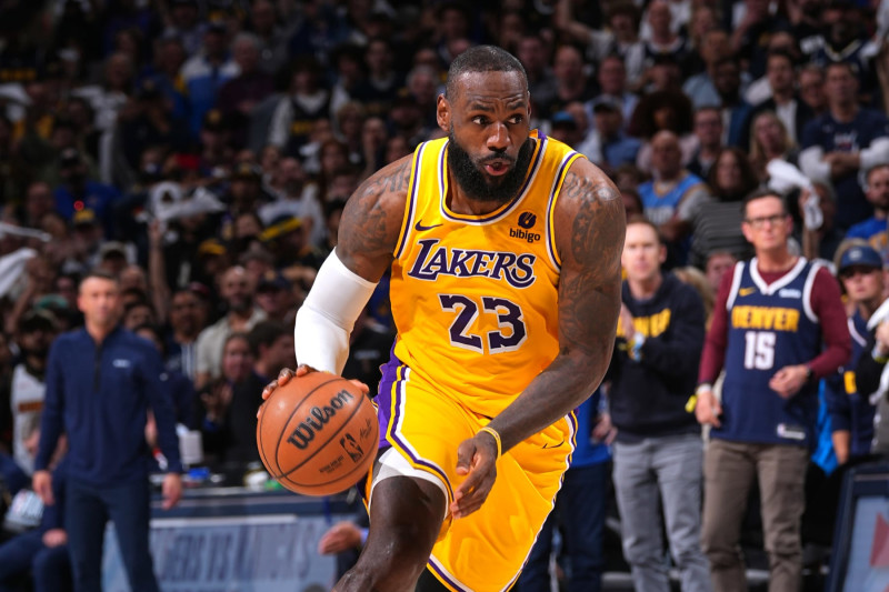 DENVER, CO - APRIL 29: LeBron James #23 of the Los Angeles Lakers drives to the basket during the game against the Denver Nuggets during Round One Game Five of the 2024 NBA Playoffs on April 29, 2024 at the Ball Arena in Denver, Colorado. NOTE TO USER: User expressly acknowledges and agrees that, by downloading and/or using this Photograph, user is consenting to the terms and conditions of the Getty Images License Agreement. Mandatory Copyright Notice: Copyright 2024 NBAE (Photo by Bart Young/NBAE via Getty Images)