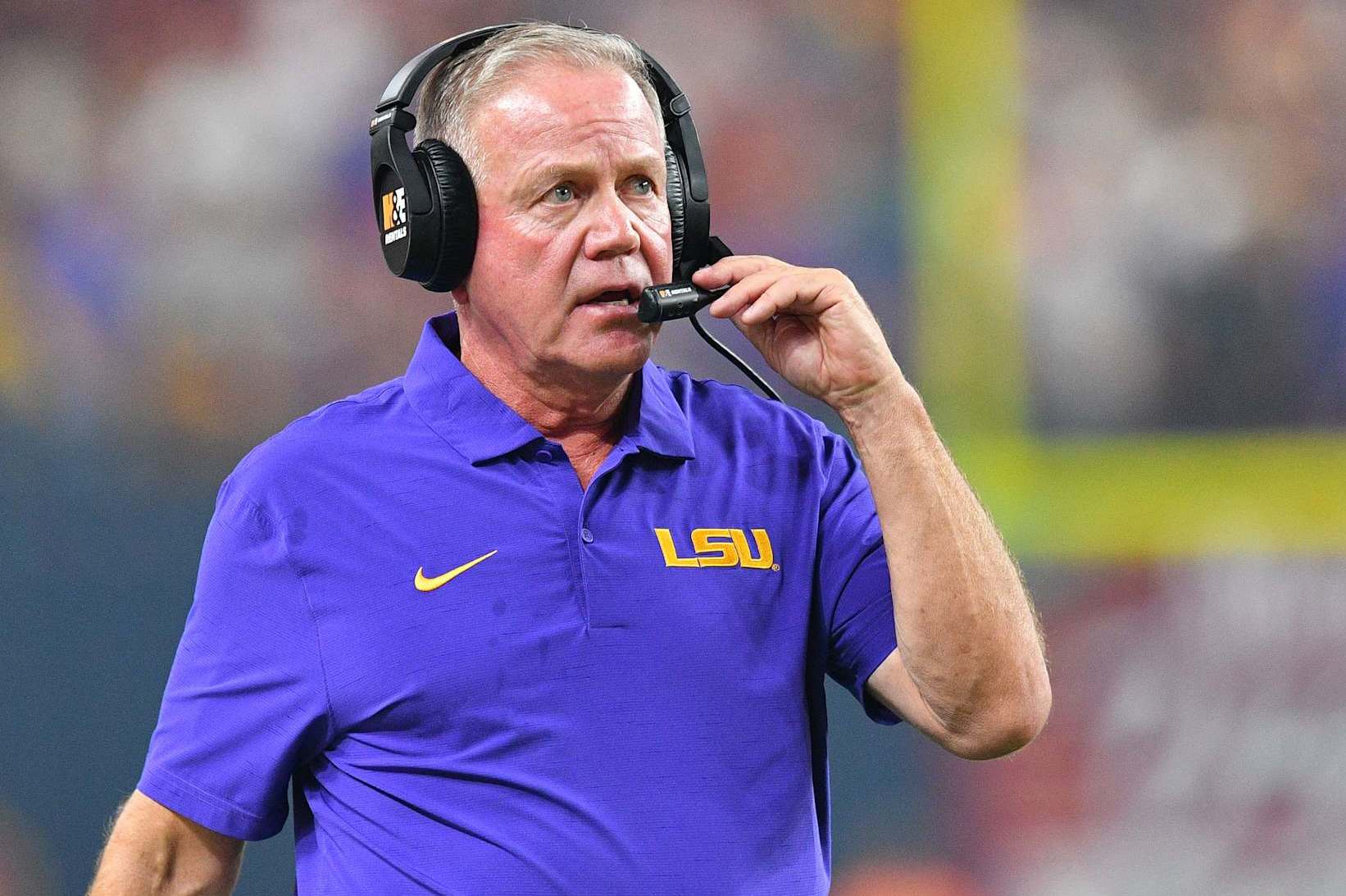 LAS VEGAS, NV - SEPTEMBER 01: LSU Tigers head coach Brian Kelly looks on during the Modelo Vegas Kickoff Classic game between the LSU Tigers and the USC Trojans on September 1, 2024 at Allegiant Stadium in Las Vegas, Nevada. (Photo by Brian Rothmuller/Icon Sportswire via Getty Images)