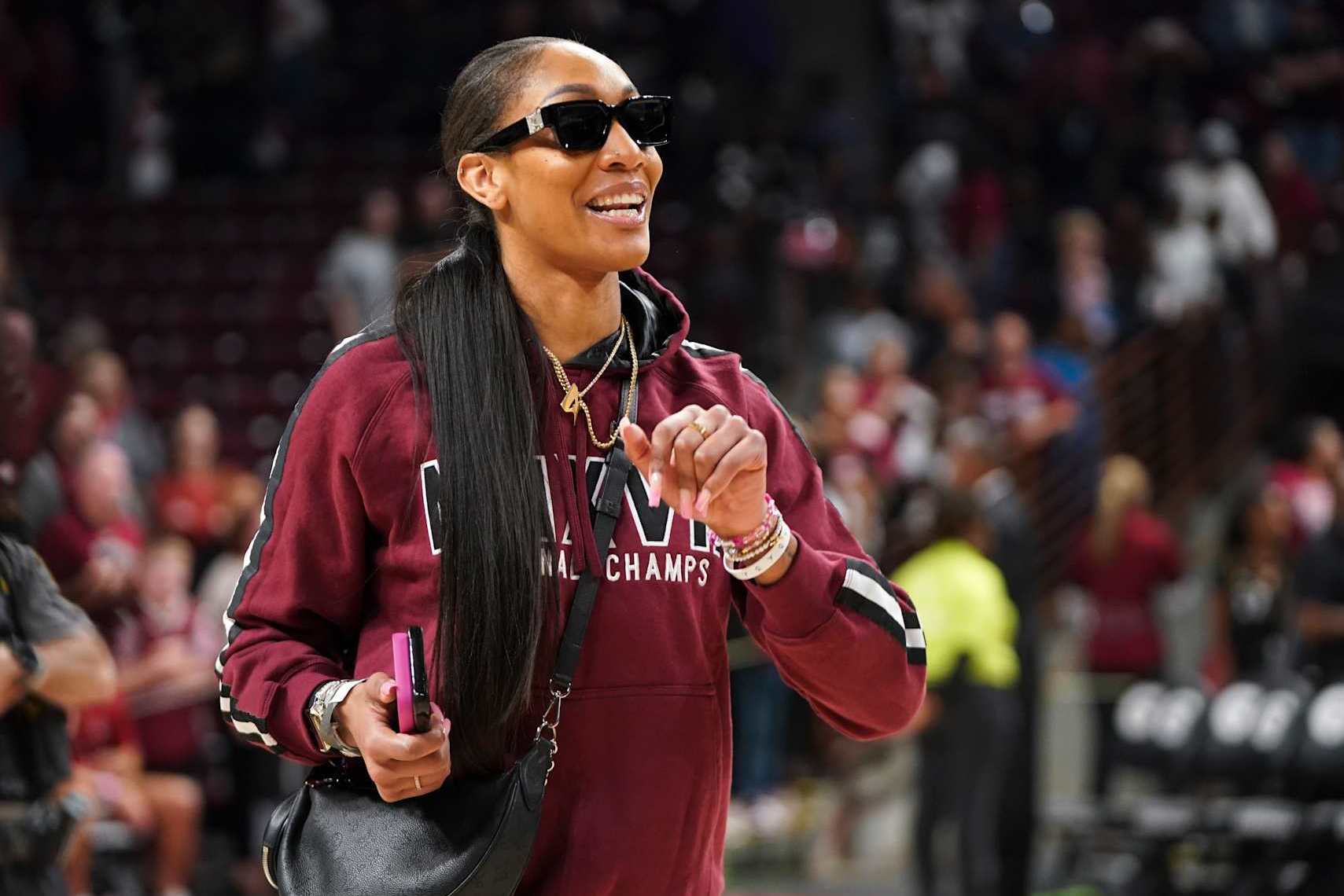 COLUMBIA, SOUTH CAROLINA -  NOVEMBER 17:A'ja Wilson, of the Las Vegas Aces, and former player at South Carolina, walks across the court after an NCAA women's basketball game between the South Carolina Gamecocks and the East Carolina Lady Pirates at Colonial Life Arena on November 17, 2024 in Columbia, South Carolina. The South Carolina Gamecocks won 95-44. (Photo by Sean Rayford/Getty Images)