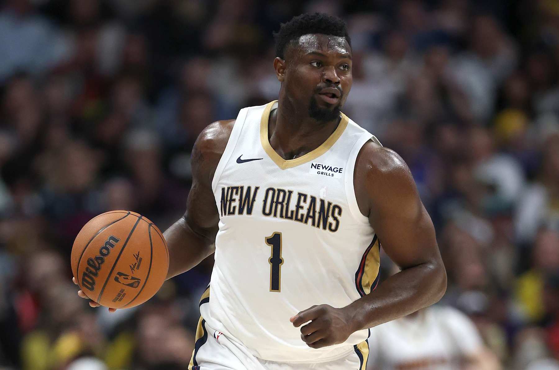 DENVER, COLORADO - FEBRUARY 03: Zion Williamson #1 of the New Orleans Pelicans plays the Denver Nuggets in the fourth quarter at Ball Arena on February 03, 2025 in Denver, Colorado. NOTE TO USER: User expressly acknowledges and agrees that, by downloading and or using this photograph, User is consenting to the terms and conditions of the Getty Images License Agreement. (Photo by Matthew Stockman/Getty Images)