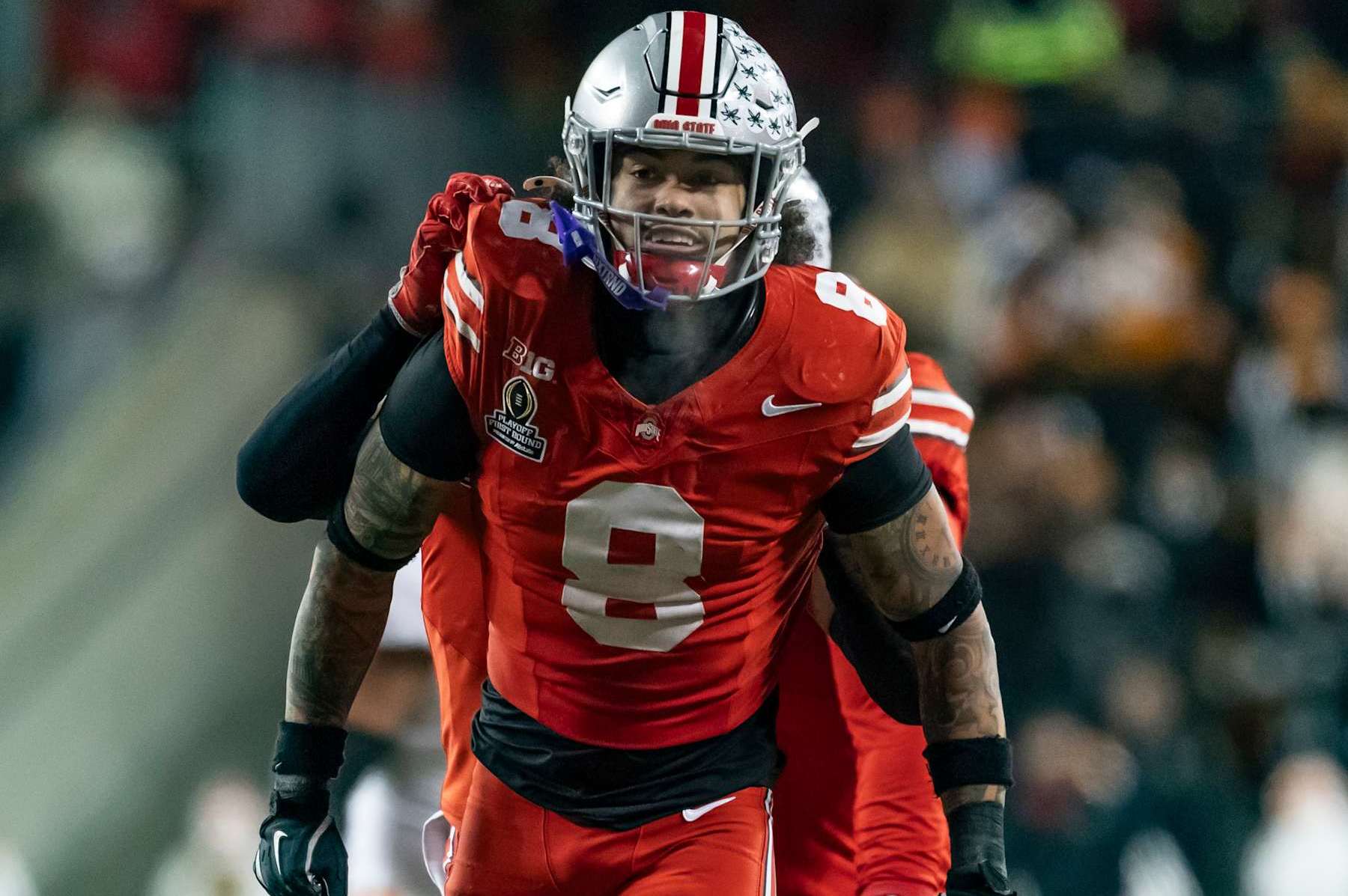 COLUMBUS, OHIO - DECEMBER 21: Lathan Ransom #8 of the Ohio State Buckeyes celebrates a stop during a game between the Tennessee Volunteers and the Ohio State Buckeyes at Ohio Stadium on December 21, 2024 in Columbus, Ohio. (Photo by Steve Limentani/ISI Photos/Getty Images)