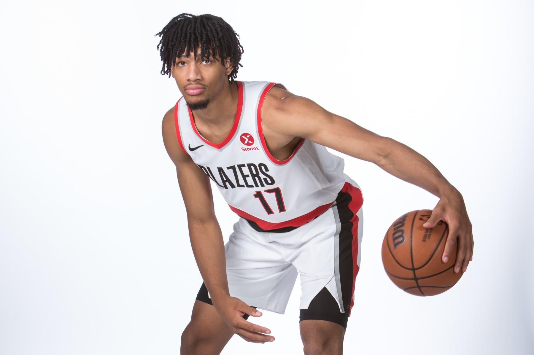 PORTLAND, OR - June 25: Shaedon Sharpe #17 poses for a portrait after being drafted to the Portland Trail Blazers at the Portland Trail Blazers practice facility June 25, 2022 in Portland, Oregon. NOTE TO USER: User expressly acknowledges and agrees that, by downloading and or using this photograph, user is consenting to the terms and conditions of the Getty Images License Agreement. Mandatory Copyright Notice: Copyright 2022 NBAE (Photo by Sam Forencich/NBAE via Getty Images) PORTLAND, OR - June 25: Shaedon Sharpe #17 poses for a portrait after being drafted to the Portland Trail Blazers at the Portland Trail Blazers practice facility June 25, 2022 in Portland, Oregon. NOTE TO USER: User expressly acknowledges and agrees that, by downloading and or using this photograph, user is consenting to the terms and conditions of the Getty Images License Agreement. Mandatory Copyright Notice: Copyright 2022 NBAE (Photo by Sam Forencich/NBAE via Getty Images)