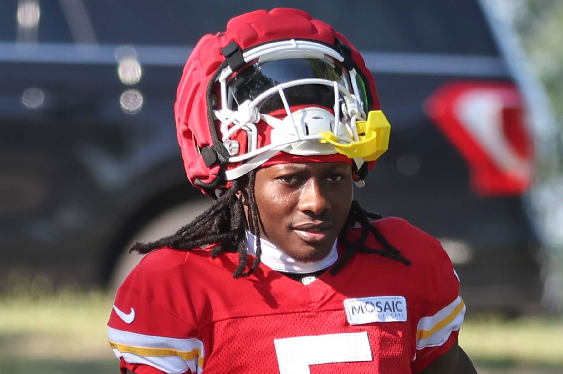ST. JOSEPH, MO - AUGUST 02: Kansas City Chiefs wide receiver Marquise Brown (5) during training camp on August 2, 2024 at Missouri Western State University in St. Joseph, MO. (Photo by Scott Winters/Icon Sportswire via Getty Images)
