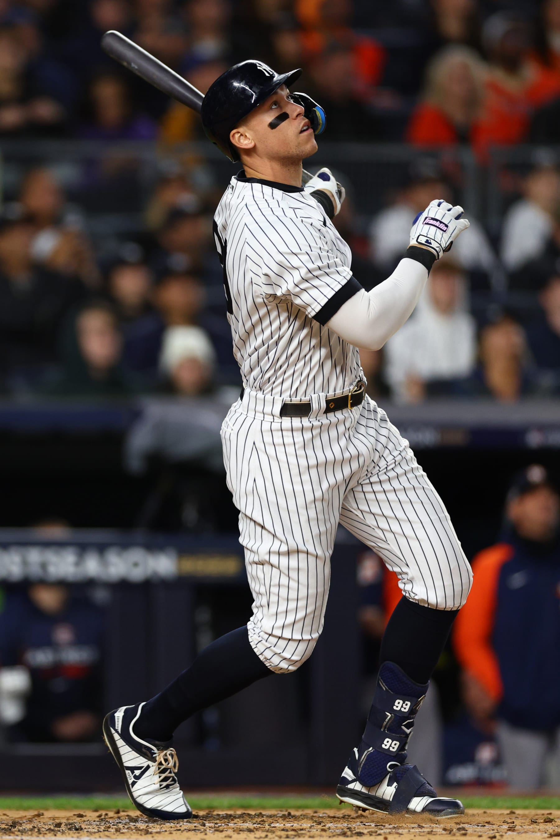 NEW YORK, NEW YORK - OCTOBER 23: Aaron Judge #99 of the New York Yankees flies out in the first inning in game four of the American League Championship Series against the Houston Astros at Yankee Stadium on October 23, 2022 in the Bronx borough of New York City. (Photo by Elsa/Getty Images)