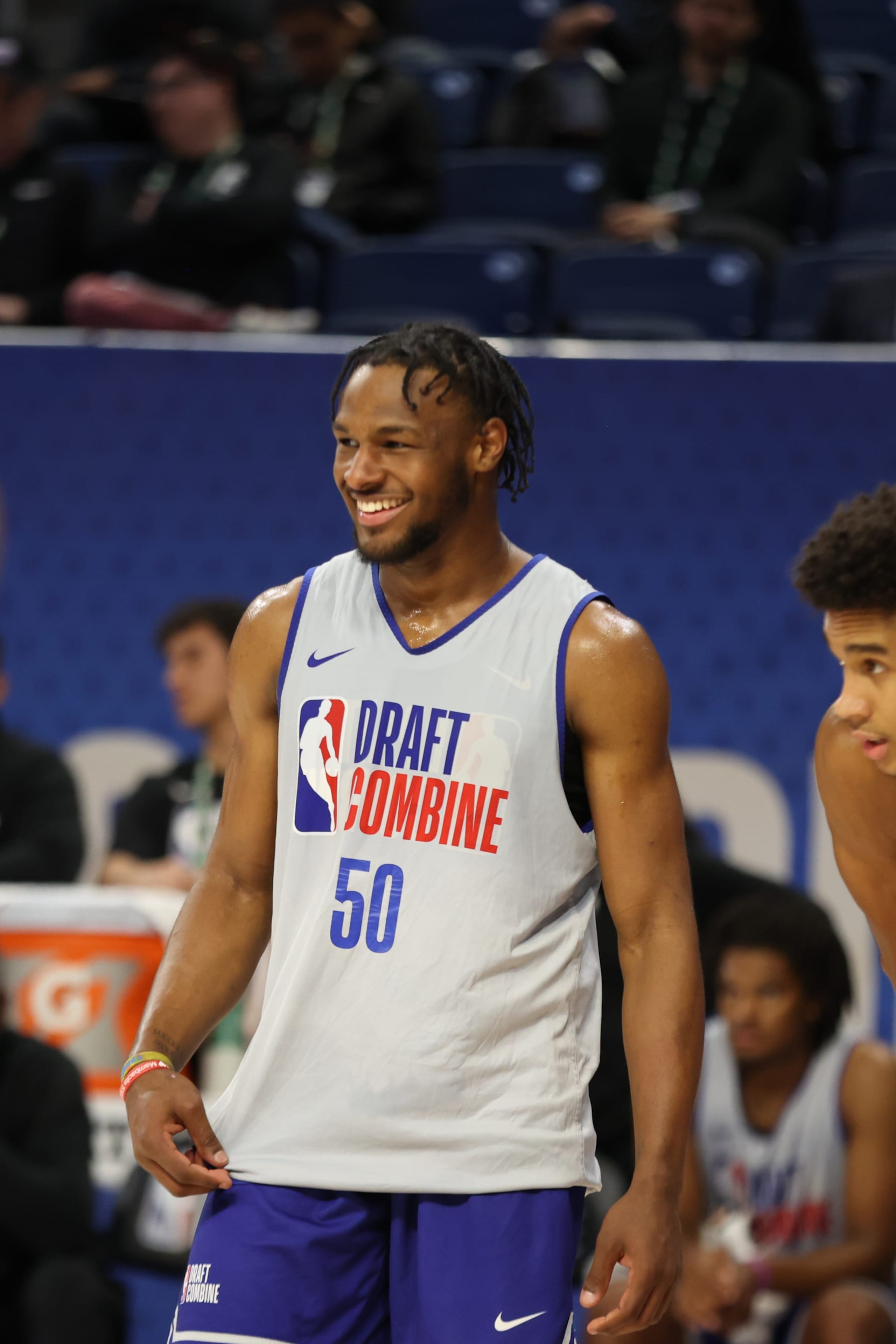 CHICAGO, IL - MAY 15: Bronny James smiles during the 2024 NBA Combine on May 15, 2024 at Wintrust Arena in Chicago, Illinois. NOTE TO USER: User expressly acknowledges and agrees that, by downloading and or using this photograph, User is consenting to the terms and conditions of the Getty Images License Agreement. Mandatory Copyright Notice: Copyright 2024 NBAE (Photo by Jeff Haynes/NBAE via Getty Images) CHICAGO, IL - MAY 15: Bronny James smiles during the 2024 NBA Combine on May 15, 2024 at Wintrust Arena in Chicago, Illinois. NOTE TO USER: User expressly acknowledges and agrees that, by downloading and or using this photograph, User is consenting to the terms and conditions of the Getty Images License Agreement. Mandatory Copyright Notice: Copyright 2024 NBAE (Photo by Jeff Haynes/NBAE via Getty Images)