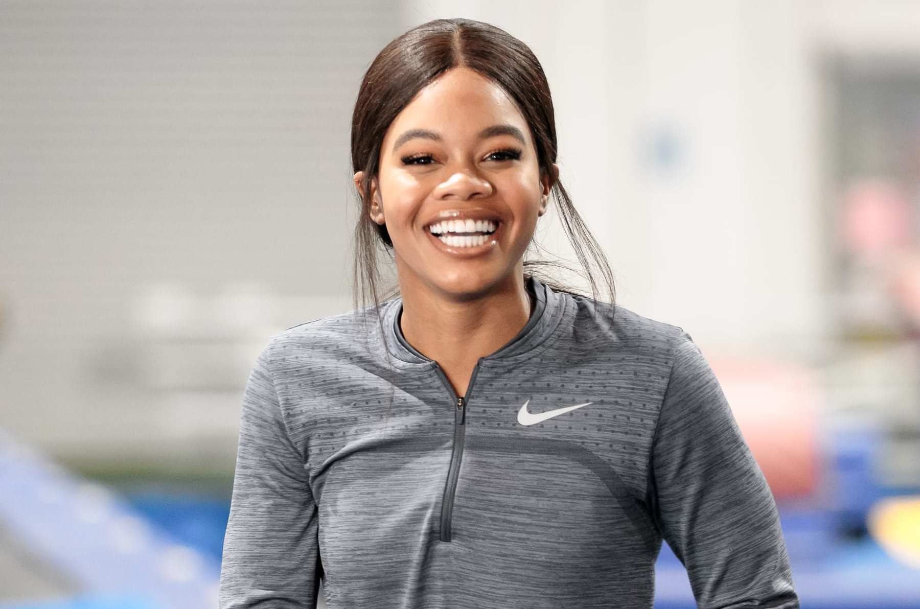 SANTA MONICA, CALIFORNIA - MARCH 02:  Olympic gymnast Gabby Douglas teaches Jay Pharoah gymnastics on the IMDb Series “Special Skills” in Los Angeles, California.  This episode of “Special Skills” airs on March 10, 2020. (Photo by Rich Polk/Getty Images for IMDb)