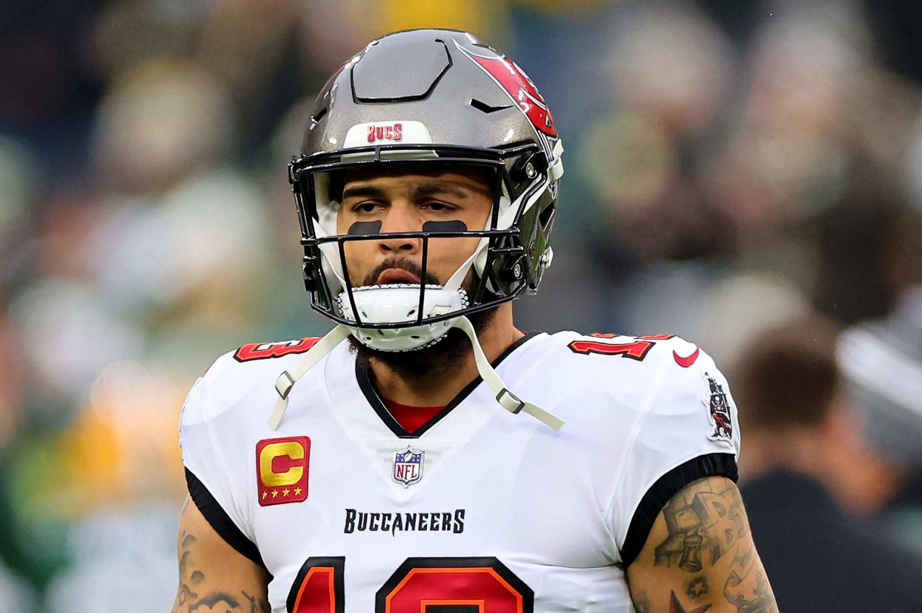 GREEN BAY, WISCONSIN - DECEMBER 17: Mike Evans #13 of the Tampa Bay Buccaneers looks on prior to a game against the Green Bay Packers at Lambeau Field on December 17, 2023 in Green Bay, Wisconsin. (Photo by Stacy Revere/Getty Images)