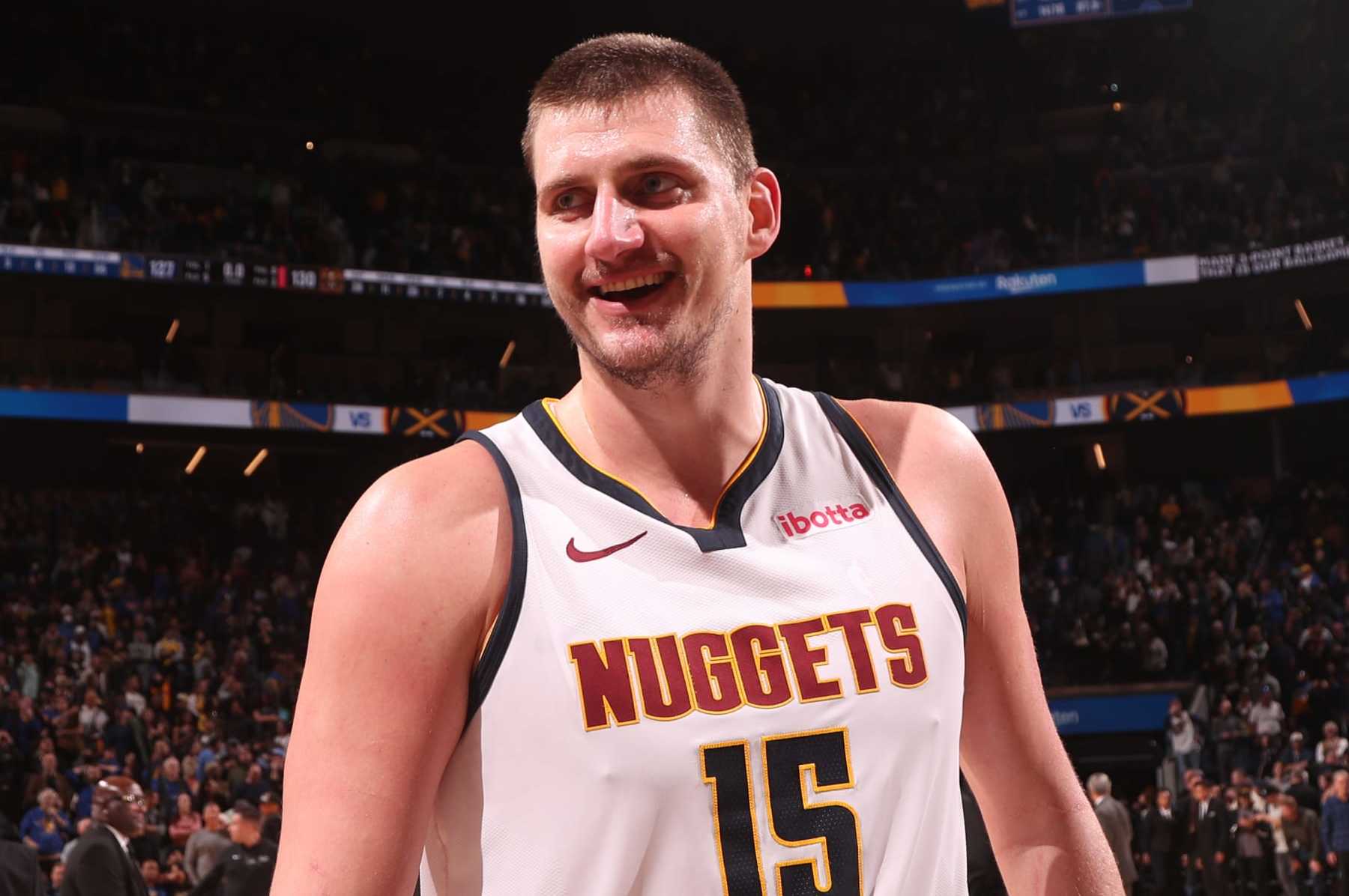 SAN FRANCISCO, CA - JANUARY 4: Nikola Jokic #15 of the Denver Nuggets smiles after the game against the Golden State Warriors on January 4, 2024 at Chase Center in San Francisco, California. NOTE TO USER: User expressly acknowledges and agrees that, by downloading and or using this photograph, user is consenting to the terms and conditions of Getty Images License Agreement. Mandatory Copyright Notice: Copyright 2024 NBAE (Photo by Jed Jacobsohn/NBAE via Getty Images)
