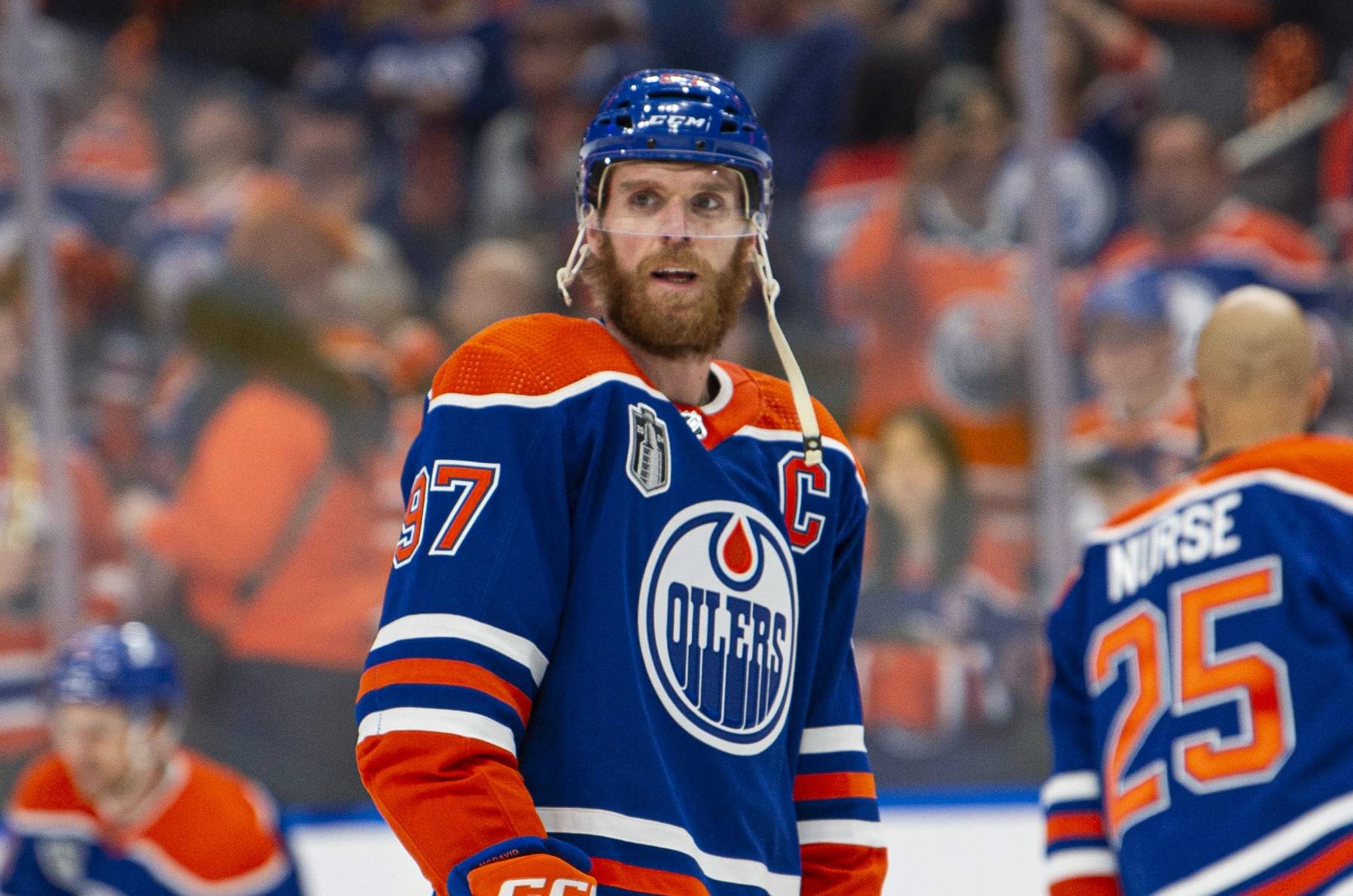 EDMONTON, ALBERTA - JUNE 15: Connor McDavid #97 of the Edmonton Oilers warms up before taking on the Florida Panthers in Game Four of the Stanley Cup Final at Rogers Place on June 15, 2024 in Edmonton, Alberta. (Photo by Paul Swanson/NHLI via Getty Images)