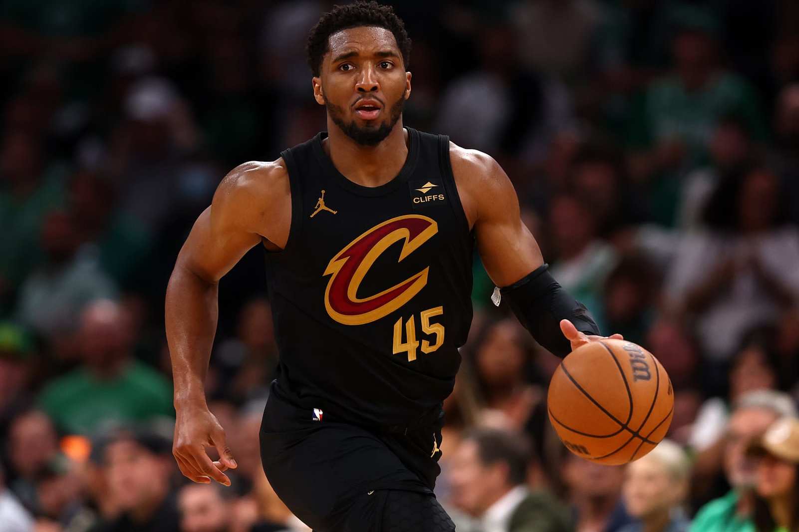 BOSTON, MASSACHUSETTS - MAY 07: Donovan Mitchell #45 of the Cleveland Cavaliers dribbles against the Boston Celtics during Game One of the Eastern Conference Second Round Playoffs against the Cleveland Cavaliers at TD Garden on May 07, 2024 in Boston, Massachusetts. (NOTE TO USER: User expressly acknowledges and agrees that, by downloading and or using this photograph, User is consenting to the terms and conditions of the Getty Images License Agreement.  (Photo by Maddie Meyer/Getty Images)