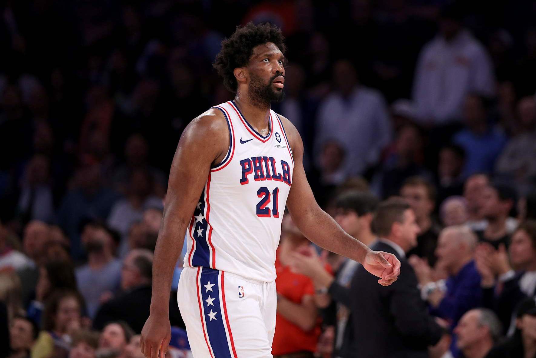 NEW YORK, NEW YORK - APRIL 30: Joel Embiid #21 of the Philadelphia 76ers reacts during the second half against the New York Knicks at Madison Square Garden on April 30, 2024 in New York City. The Philadelphia 76ers defeated the New York Knicks 112-106 in overtime. NOTE TO USER: User expressly acknowledges and agrees that, by downloading and or using this photograph, User is consenting to the terms and conditions of the Getty Images License Agreement. (Photo by Elsa/Getty Images)