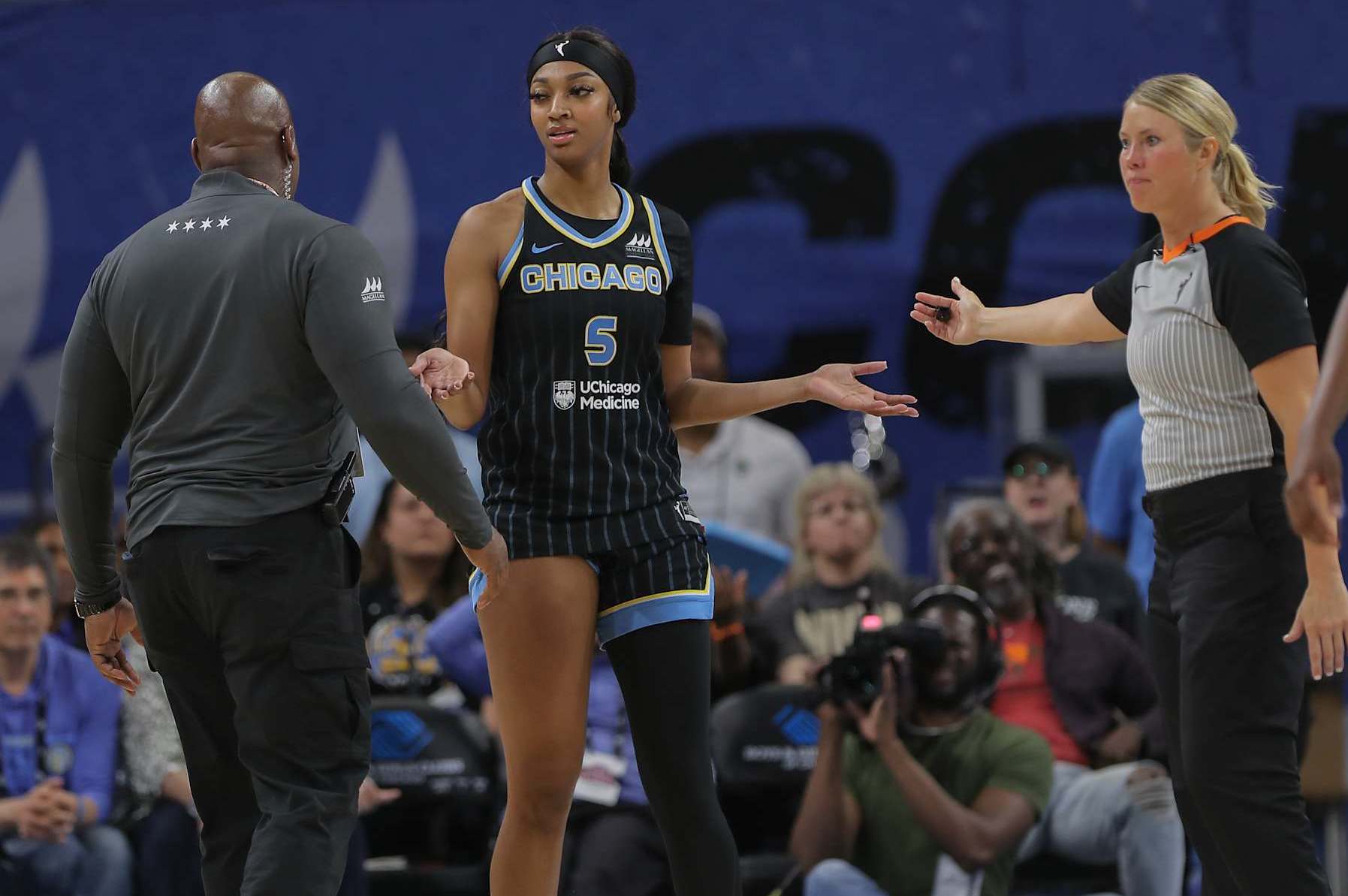 CHICAGO, IL - JUNE 04: Angel Reese #5 of the Chicago Sky reacts after being ejected from the game during the second half against the New York Liberty on June 4, 2024 at Wintrust Arena in Chicago, Illinois. (Photo by Melissa Tamez/ Icon Sportswire)