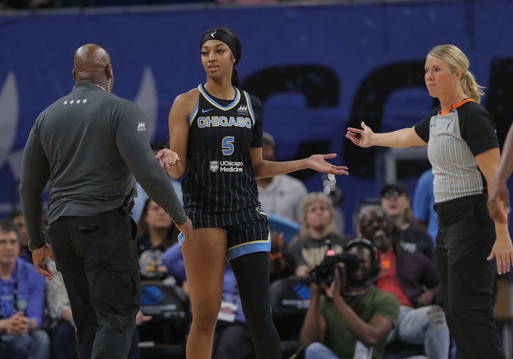 CHICAGO, IL - JUNE 04: Angel Reese #5 of the Chicago Sky reacts after being ejected from the game during the second half against the New York Liberty on June 4, 2024 at Wintrust Arena in Chicago, Illinois. (Photo by Melissa Tamez/ Icon Sportswire)