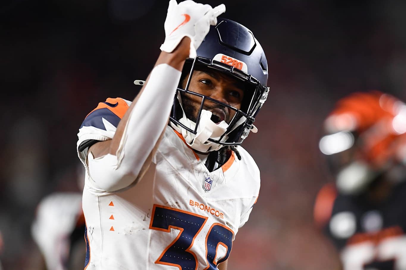 CINCINNATI, OH - DECEMBER 28: Denver Broncos Running Back Jaleel McLaughlin (38) celebrates after a play during the NFL football game between the Denver Broncos and the Cincinnati Bengals on December 28, 2024, at Paycor Stadium in Cincinnati, Ohio. (Photo by Michael Allio/Icon Sportswire via Getty Images)