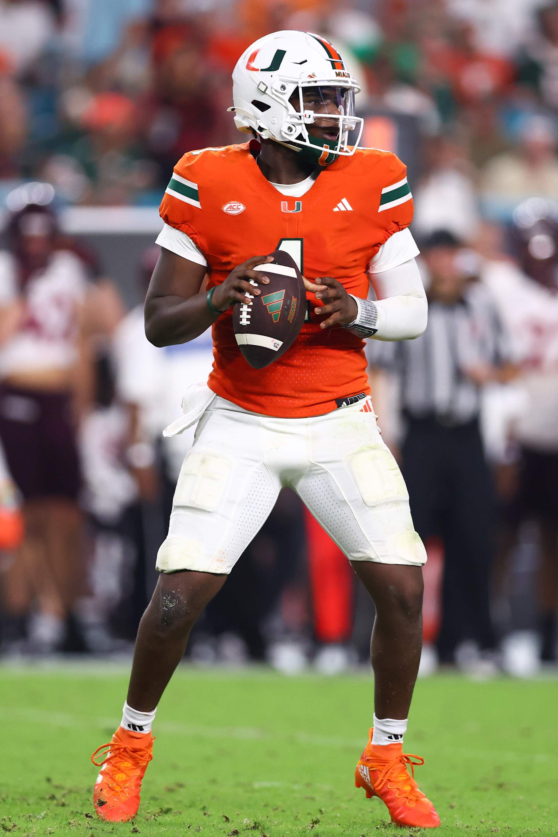 MIAMI GARDENS, FLORIDA - SEPTEMBER 27: Cam Ward #1 of the Miami Hurricanes looks to pass against the Virginia Tech Hokies during the second half of the game at Hard Rock Stadium on September 27, 2024 in Miami Gardens, Florida. (Photo by Megan Briggs/Getty Images)