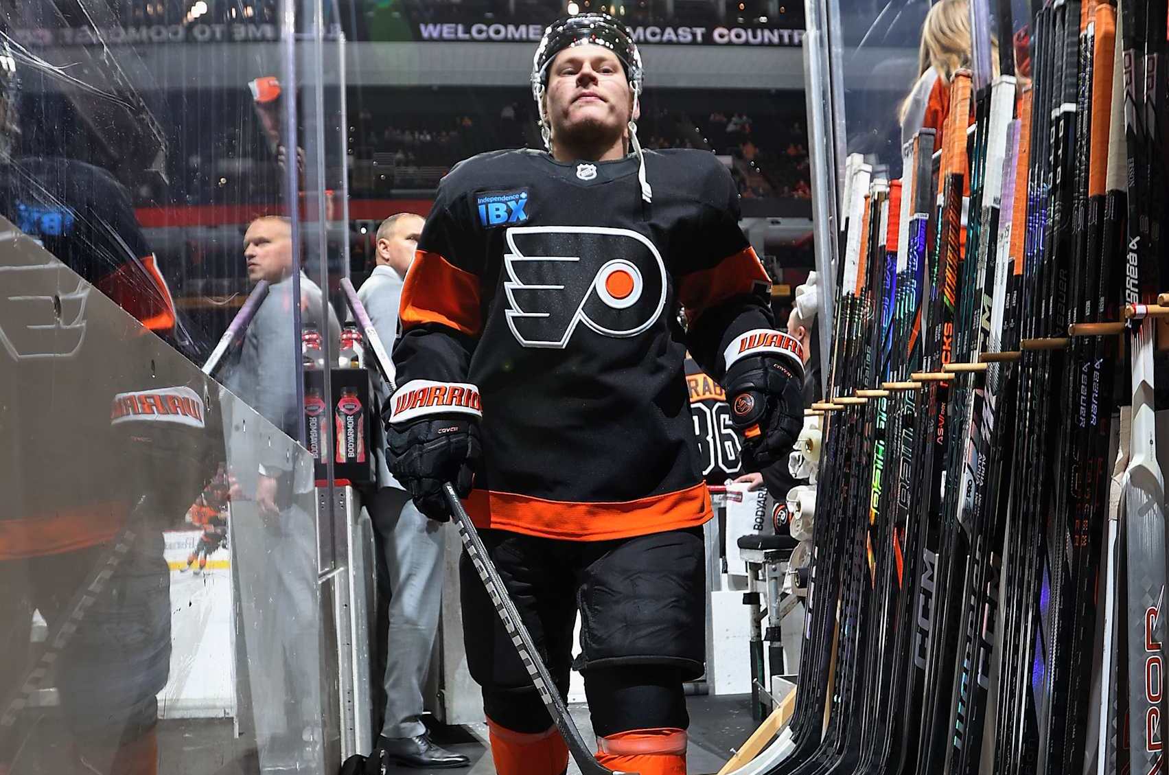 PHILADELPHIA, PENNSYLVANIA - DECEMBER 12: Matvei Michkov #39 of the Philadelphia Flyers exits the ice surface into the hallway after warmups prior to his game against the Detroit Red Wings at the Wells Fargo Center on December 12, 2024 in Philadelphia, Pennsylvania. (Photo by Len Redkoles/NHLI via Getty Images)