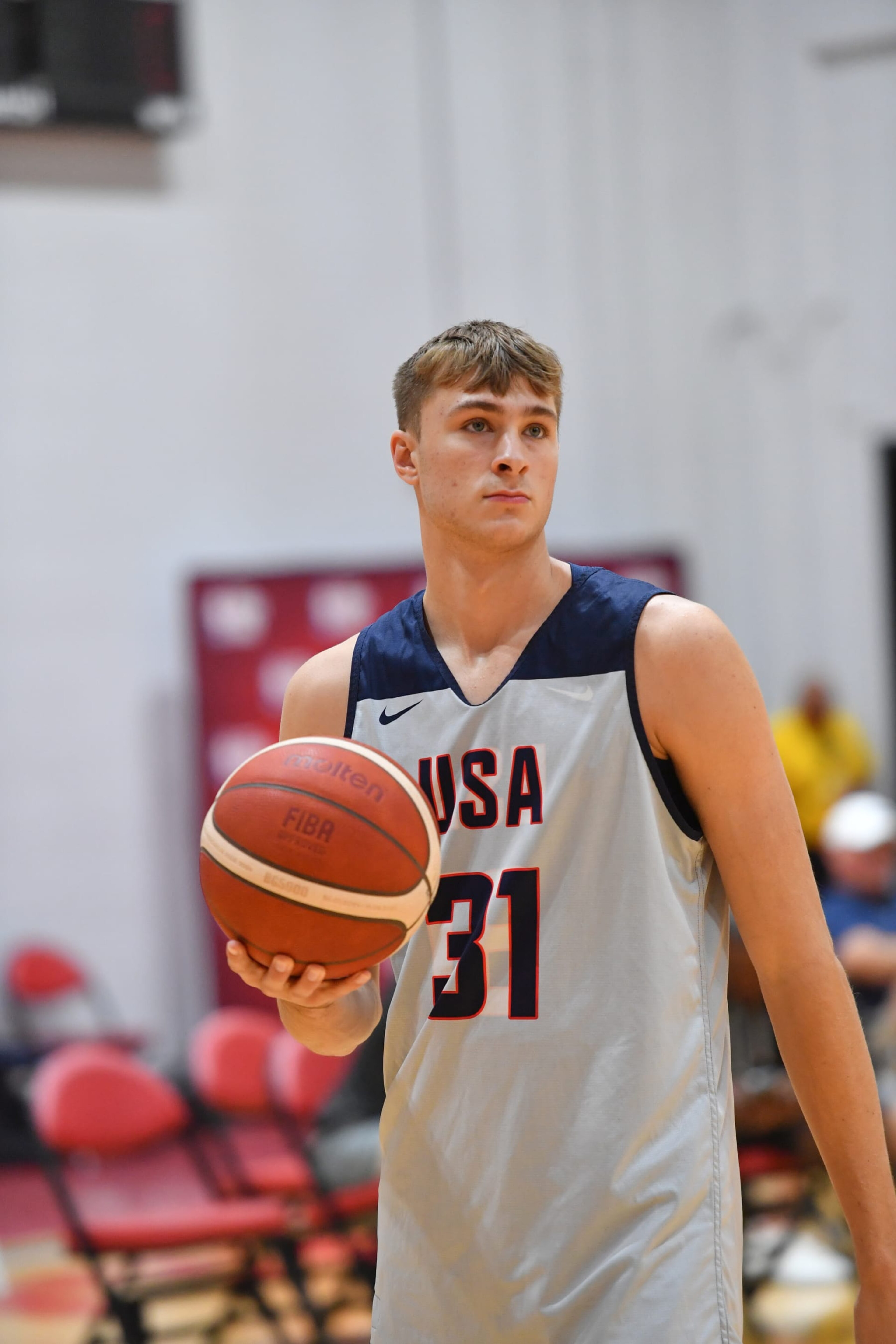 LAS VEGAS, NV - JULY 8:   Cooper Flagg #31 of the USAB Mens Select Team looks on during the USAB Men's Training Camp on July 8, 2024 at UNLV in Las Vegas, Nevada. NOTE TO USER: User expressly acknowledges and agrees that, by downloading and or using this photograph, User is consenting to the terms and conditions of the Getty Images License Agreement. Mandatory Copyright Notice: Copyright 2024 NBAE (Photo by Juan Ocampo/NBAE via Getty Images)