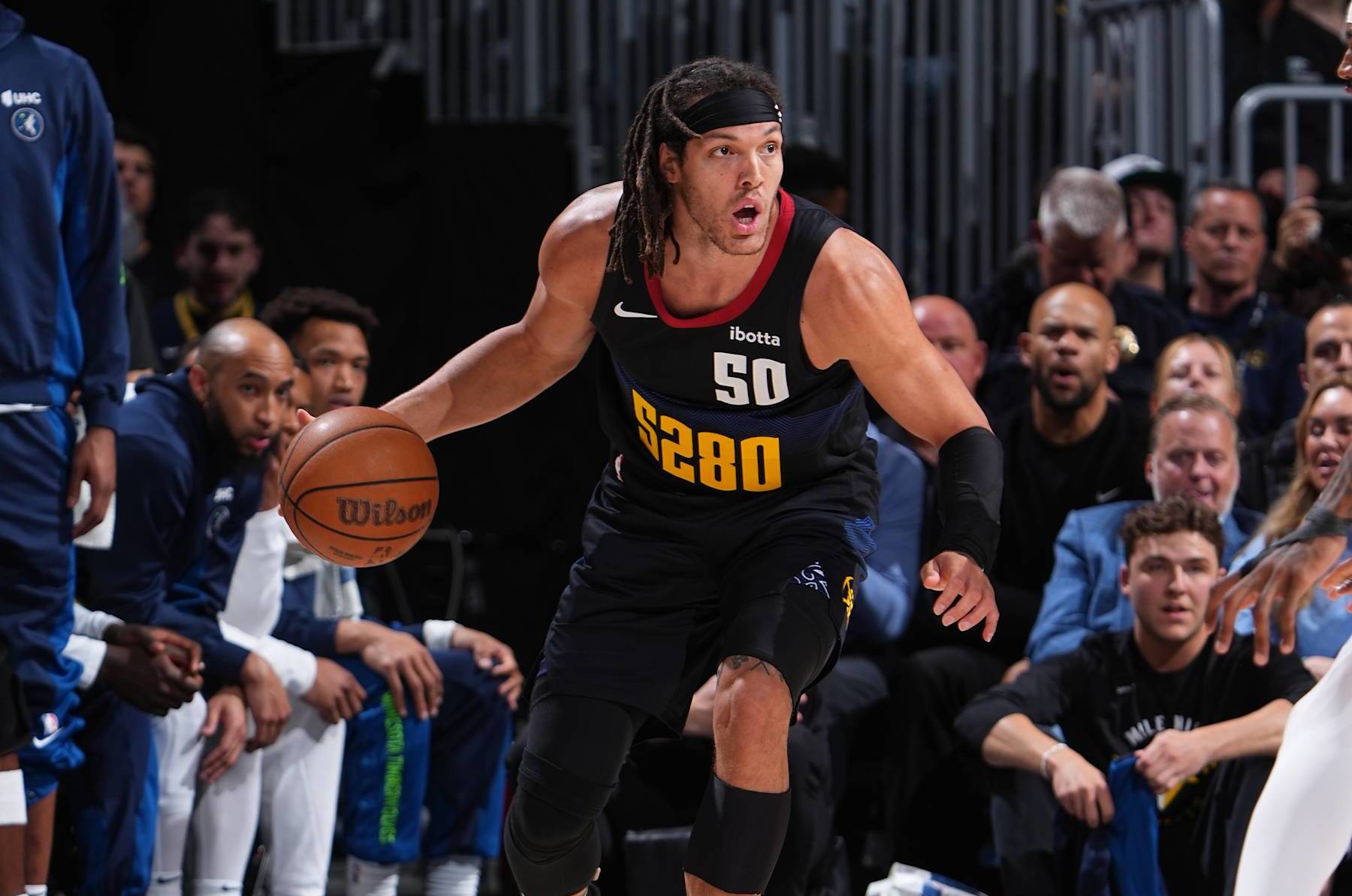 DENVER, CO - MAY 14: Aaron Gordon #50 of the Denver Nuggets handles the ball during the game against the Minnesota Timberwolves during Round 2 Game 5 of the of the 2024 NBA Playoffs on May 14, 2024 at the Ball Arena in Denver, Colorado. NOTE TO USER: User expressly acknowledges and agrees that, by downloading and/or using this Photograph, user is consenting to the terms and conditions of the Getty Images License Agreement. Mandatory Copyright Notice: Copyright 2024 NBAE (Photo by Garrett Ellwood/NBAE via Getty Images)