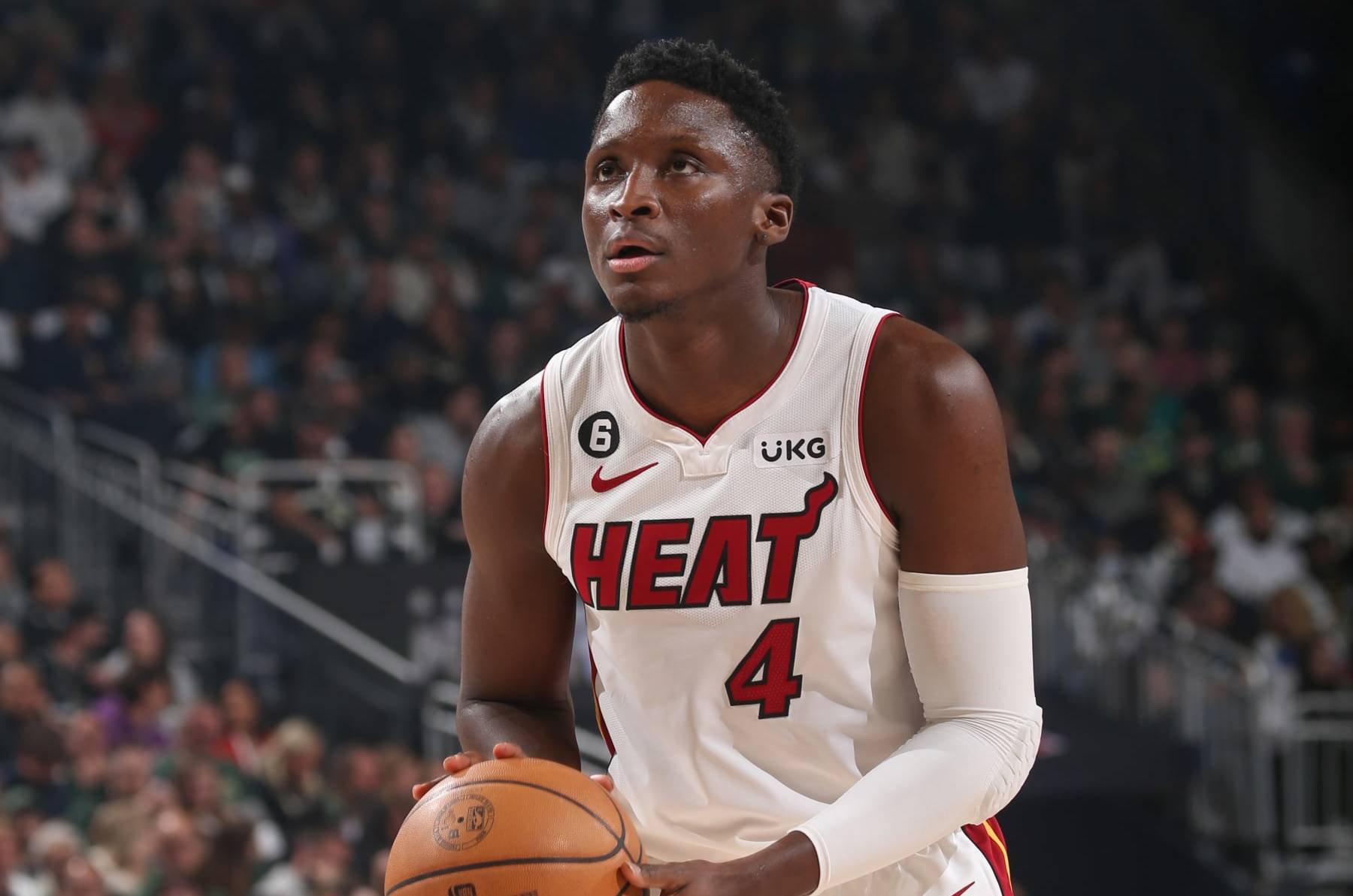 MILWAUKEE, WI - APRIL 19: Victor Oladipo #4 of the Miami Heat shoots a free throw during the game during round one game two of the 2023 NBA Playoffs on April 19, 2023 at the Fiserv Forum Center in Milwaukee, Wisconsin. NOTE TO USER: User expressly acknowledges and agrees that, by downloading and or using this Photograph, user is consenting to the terms and conditions of the Getty Images License Agreement. Mandatory Copyright Notice: Copyright 2023 NBAE (Photo by Gary Dineen/NBAE via Getty Images). MILWAUKEE, WI - APRIL 19: Victor Oladipo #4 of the Miami Heat shoots a free throw during the game during round one game two of the 2023 NBA Playoffs on April 19, 2023 at the Fiserv Forum Center in Milwaukee, Wisconsin. NOTE TO USER: User expressly acknowledges and agrees that, by downloading and or using this Photograph, user is consenting to the terms and conditions of the Getty Images License Agreement. Mandatory Copyright Notice: Copyright 2023 NBAE (Photo by Gary Dineen/NBAE via Getty Images).