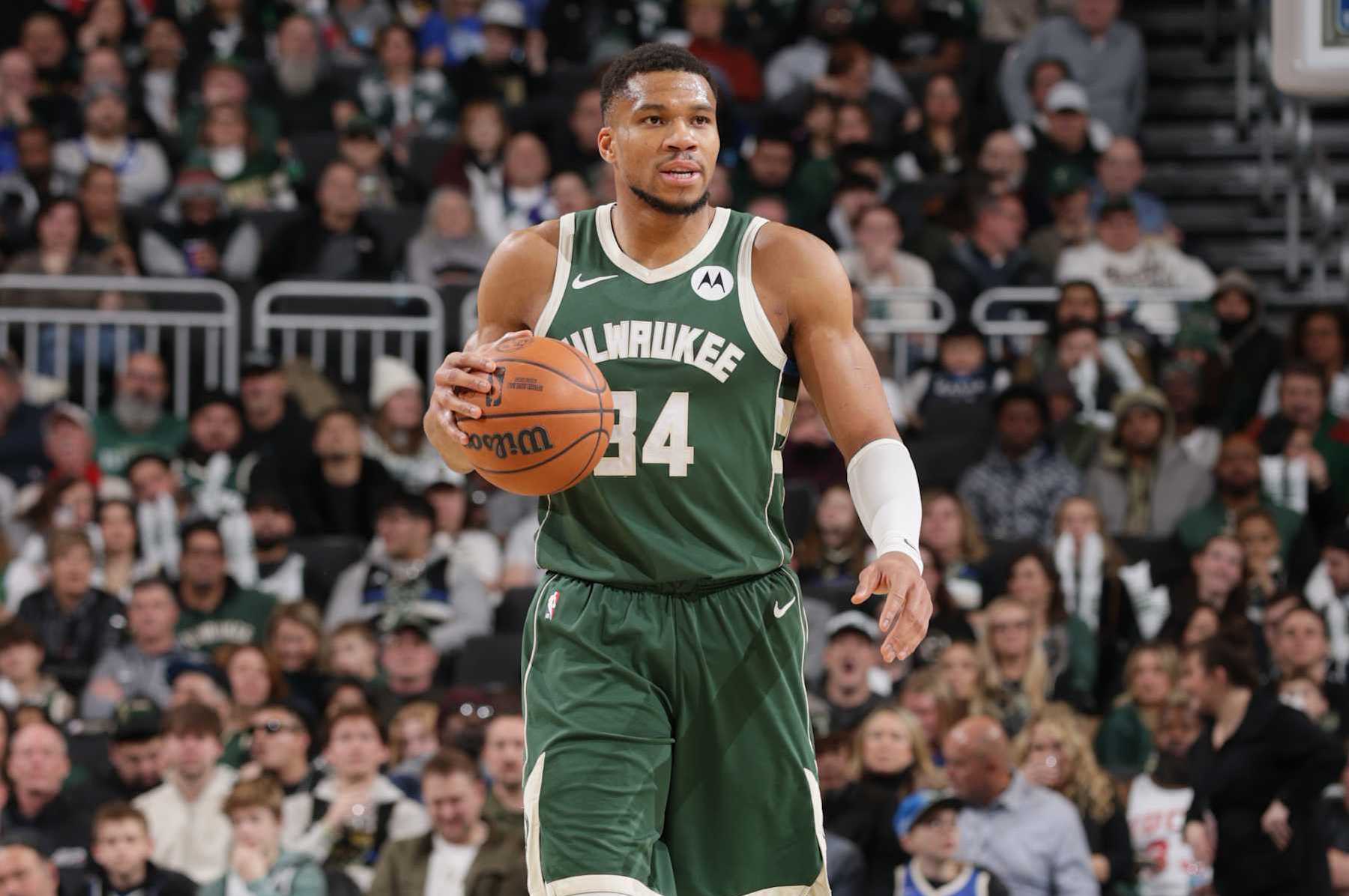 MILWAUKEE, WI - JANUARY 23: Giannis Antetokounmpo #34 of the Milwaukee Bucks dribbles the ball during the game against the Miami Heat on January 23, 2025 at Fiserv Forum Center in Milwaukee, Wisconsin. NOTE TO USER: User expressly acknowledges and agrees that, by downloading and or using this Photograph, user is consenting to the terms and conditions of the Getty Images License Agreement. Mandatory Copyright Notice: Copyright 2025 NBAE (Photo by Gary Dineen/NBAE via Getty Images).