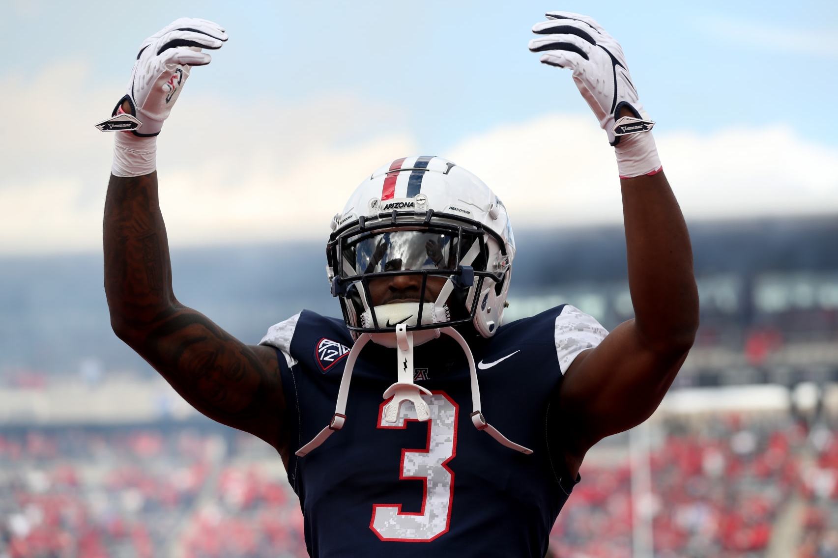 TUCSON, AZ - NOVEMBER 18: Arizona Wildcats running back Jonah Coleman #3 prior to a football game between the Utah Utes and the University of Arizona Wildcats on November 18, 2023 at Arizona Stadium in Tucson, AZ. (Photo by Christopher Hook/Icon Sportswire via Getty Images)