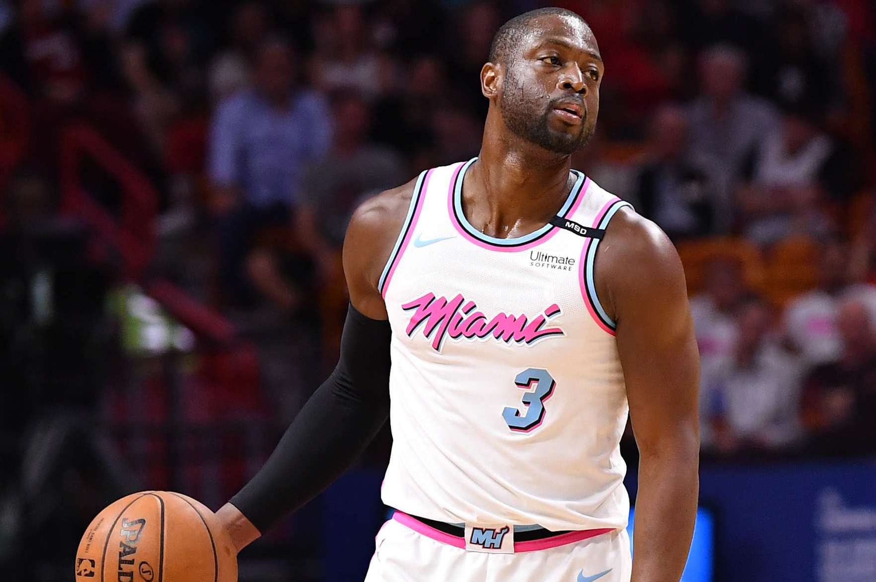 MIAMI, FL - APRIL 09: Dwyane Wade #3 of the Miami Heat dribbling up the court during the game against the Oklahoma City Thunder at American Airlines Arena on April 9, 2018 in Miami, Florida.  NOTE TO USER: User expressly acknowledges and agrees that, by downloading and or using this photograph, User is consenting to the terms and conditions of the Getty Images License Agreement.  (Photo by B51/Mark Brown/Getty Images) *** Local Caption *** Dwyane Wade