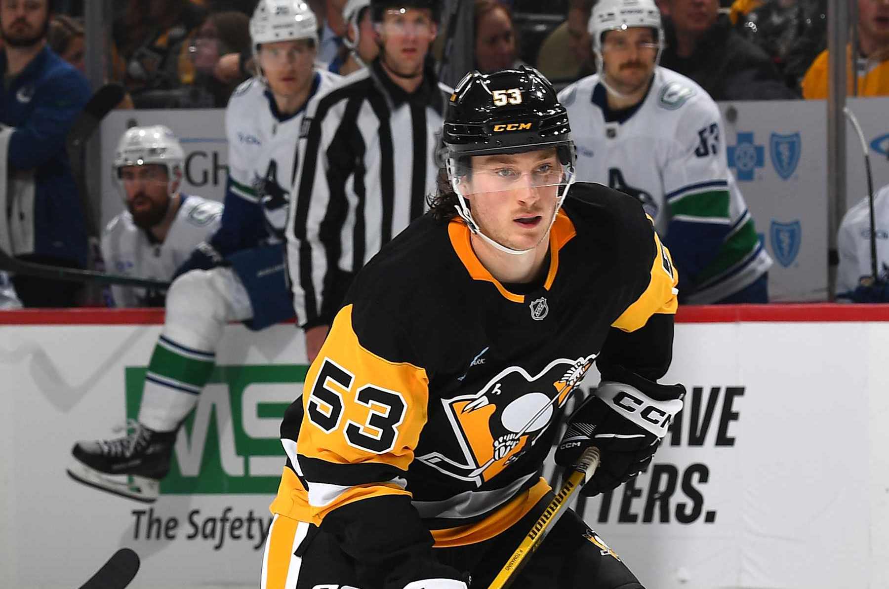 PITTSBURGH, PA - NOVEMBER 27: Philip Tomasino #53 of the Pittsburgh Penguins skates during the second period against the Vancouver Canucks at PPG PAINTS Arena on November 27, 2024 in Pittsburgh, Pennsylvania. (Photo by Joe Sargent/NHLI via Getty Images)
