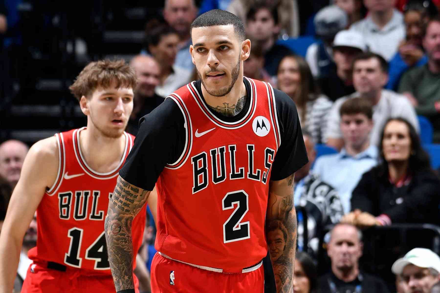 ORLANDO, FL - NOVEMBER 27: Lonzo Ball #2 of the Chicago Bulls looks on during the game against the Orlando Magic on November 27, 2024 at Kia Center in Orlando, Florida. NOTE TO USER: User expressly acknowledges and agrees that, by downloading and or using this photograph, User is consenting to the terms and conditions of the Getty Images License Agreement. Mandatory Copyright Notice: Copyright 2024 NBAE (Photo by Fernando Medina/NBAE via Getty Images)