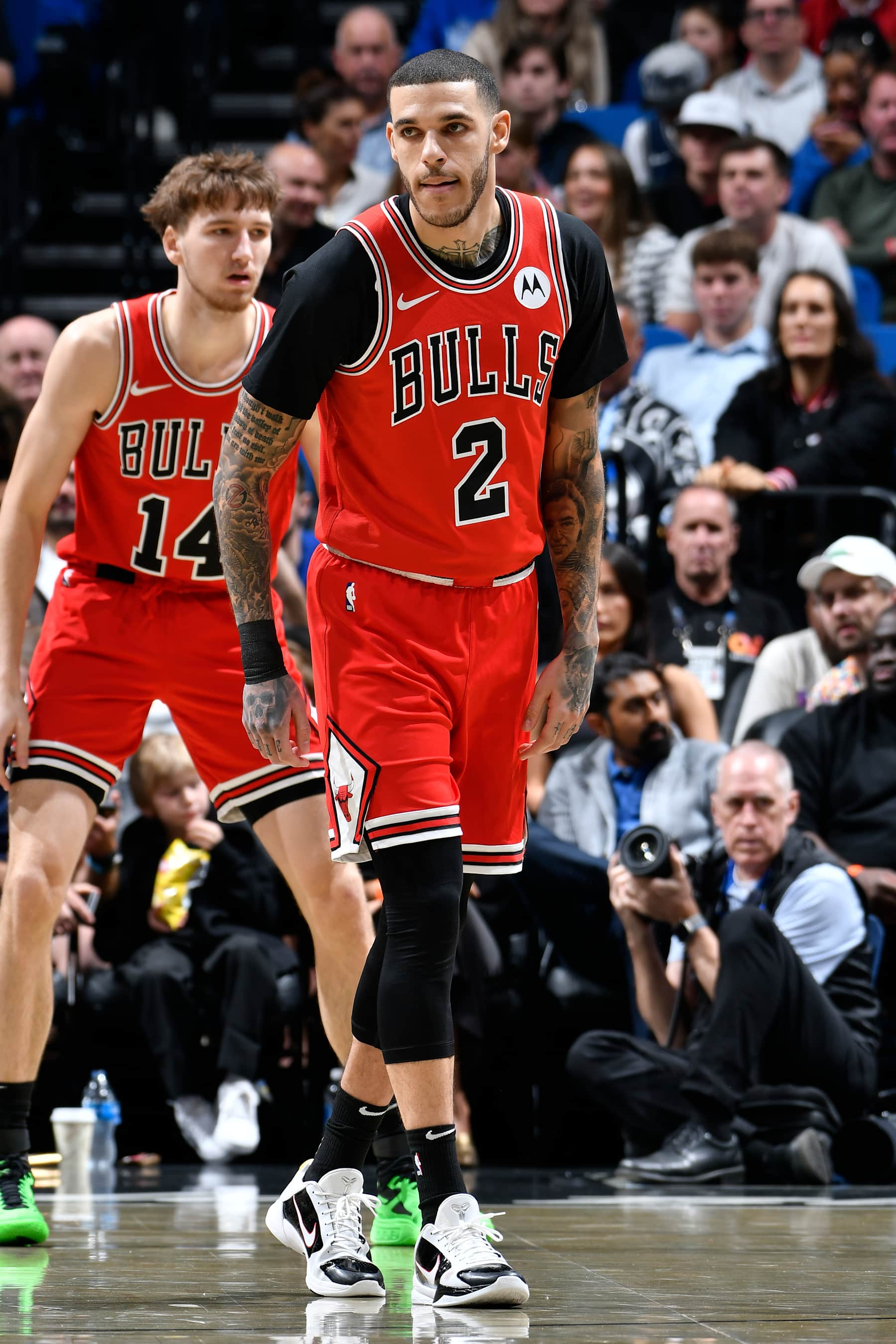 ORLANDO, FL - NOVEMBER 27: Lonzo Ball #2 of the Chicago Bulls looks on during the game against the Orlando Magic on November 27, 2024 at Kia Center in Orlando, Florida. NOTE TO USER: User expressly acknowledges and agrees that, by downloading and or using this photograph, User is consenting to the terms and conditions of the Getty Images License Agreement. Mandatory Copyright Notice: Copyright 2024 NBAE (Photo by Fernando Medina/NBAE via Getty Images)
