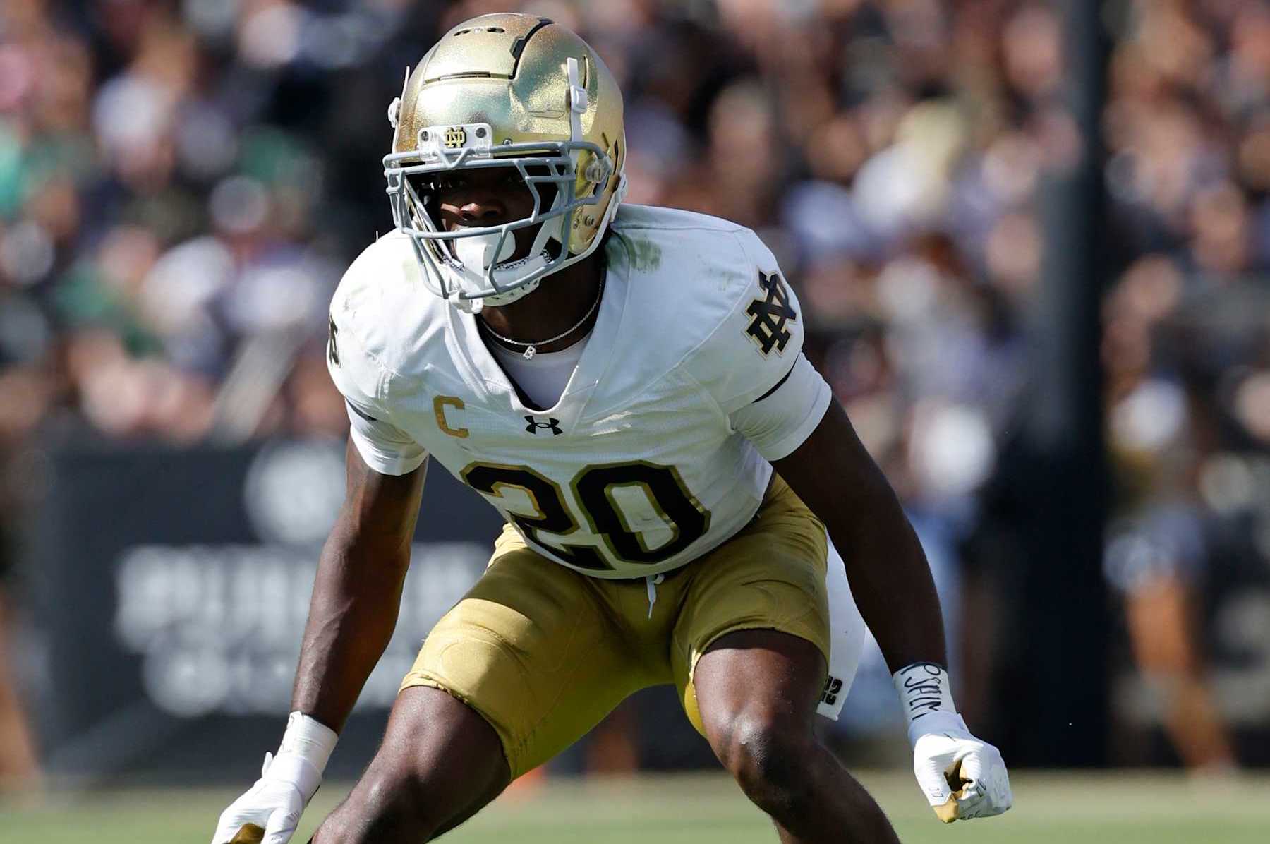 WEST LAFAYETTE, IN - SEPTEMBER 14: Notre Dame Fighting Irish defensive back Benjamin Morrison (20) lines up on defense during a college football game against the Purdue Boilermakers on September 14, 2024 at Ross-Ade Stadium in West Lafayette, Indiana. (Photo by Joe Robbins/Icon Sportswire via Getty Images)
