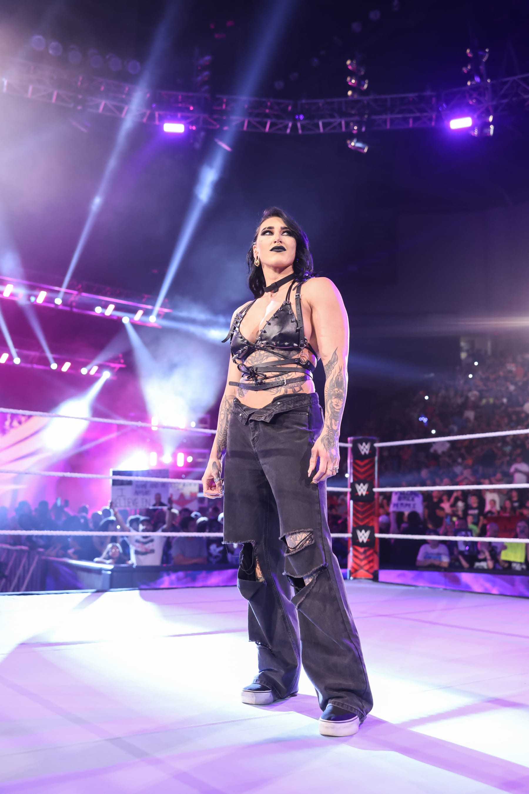 DAYTON, OHIO - JULY 15: Rhea Ripley enters the ring during Monday Night RAW at WSU Nutter Center on July 15, 2024 in Dayton, Ohio.  (Photo by WWE/Getty Images)