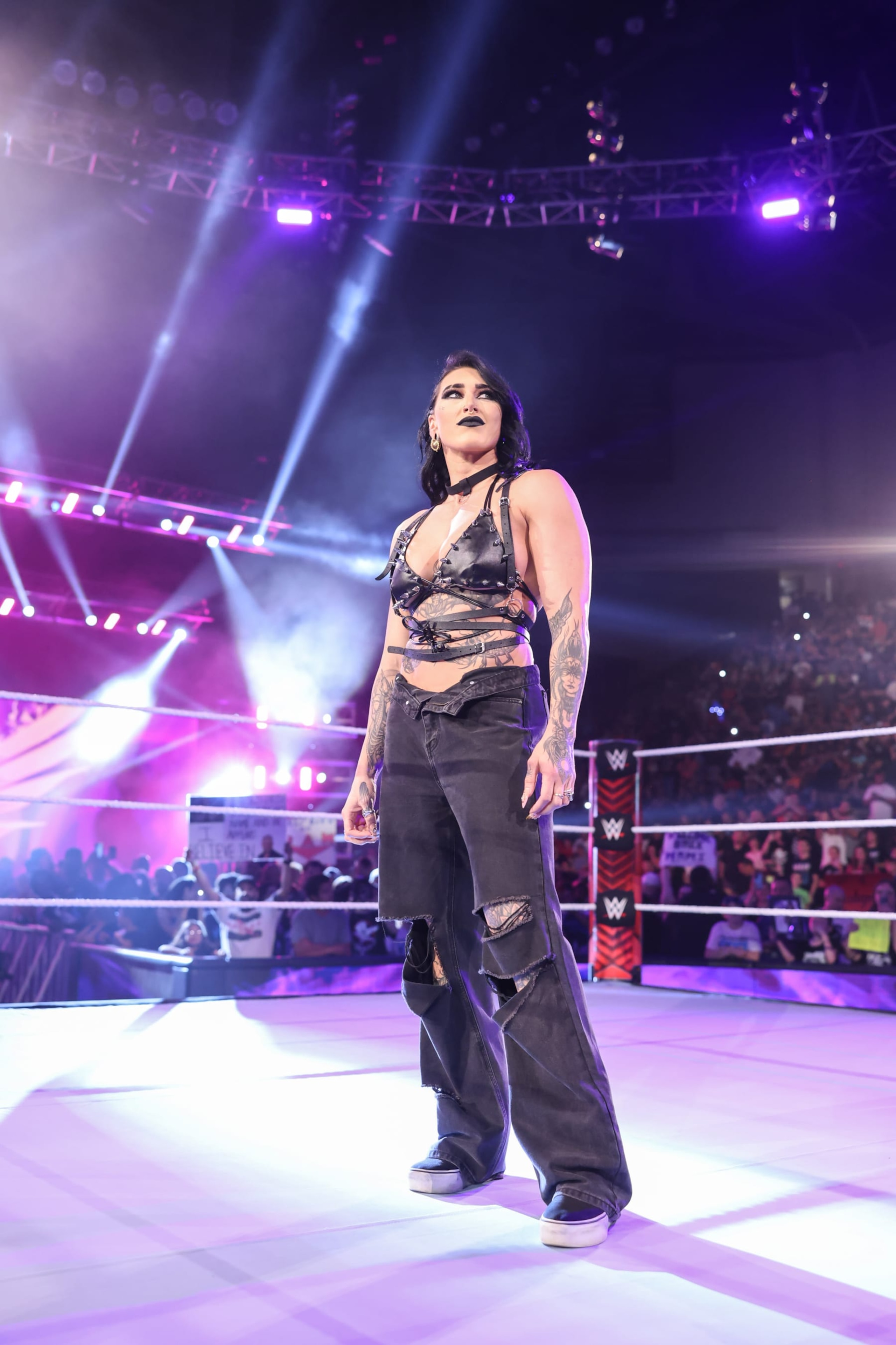 DAYTON, OHIO - JULY 15: Rhea Ripley enters the ring during Monday Night RAW at WSU Nutter Center on July 15, 2024 in Dayton, Ohio.  (Photo by WWE/Getty Images)