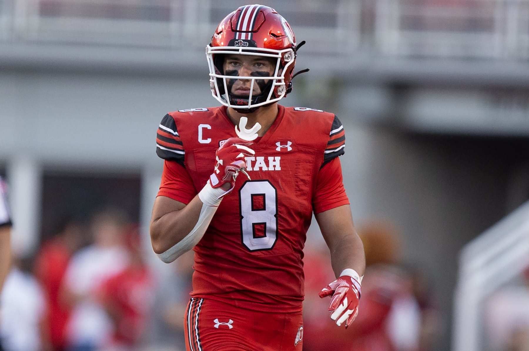 SALT LAKE CITY, UT - AUGUST 31: Cole Bishop #8 of the Utah Utes lines up against the Florida Gators during the fist half of their game at Rice Eccles Stadium August 31, 2023 in Salt Lake City, Utah. (Photo by Chris Gardner/Getty Images)