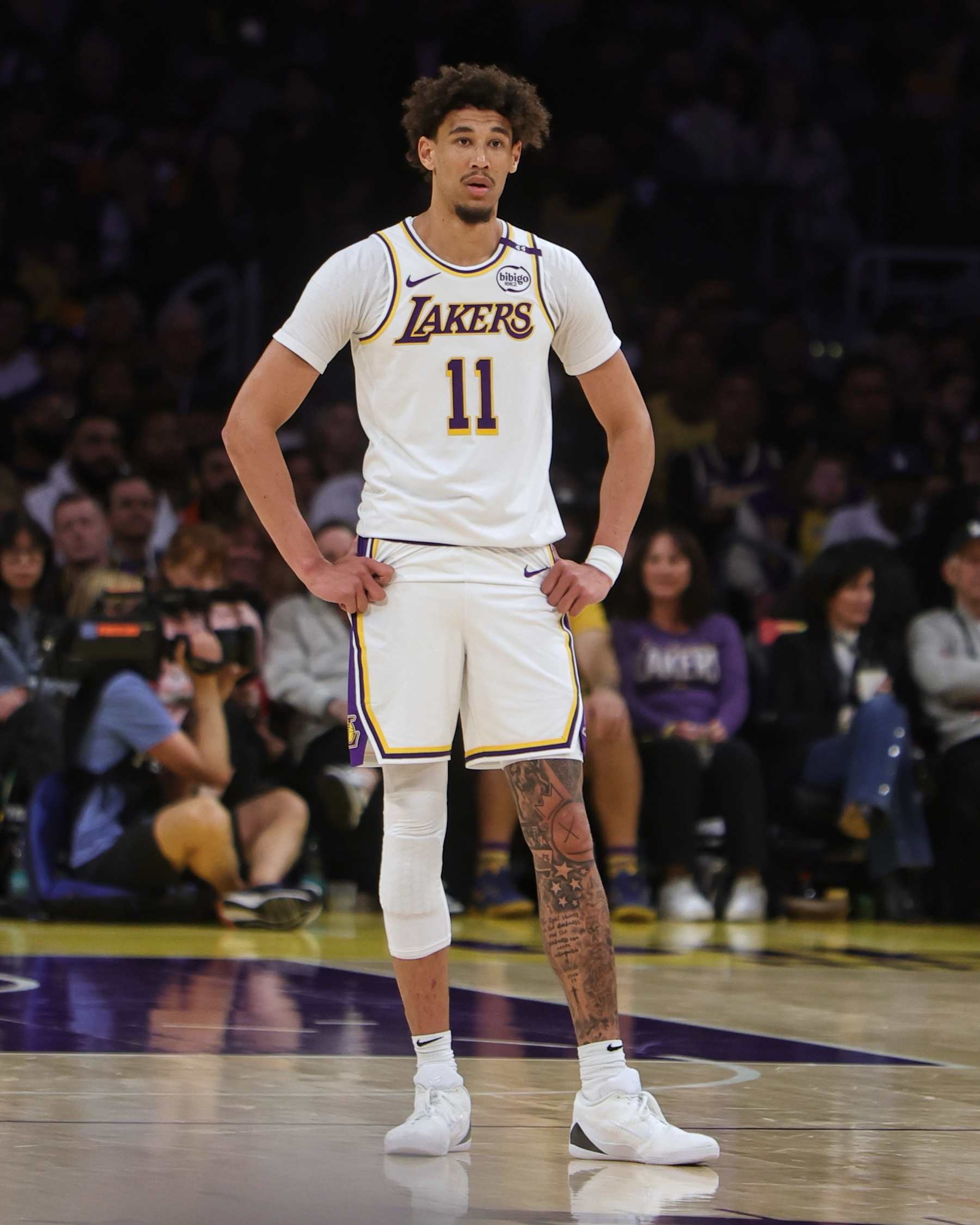 LOS ANGELES, CA - OCTOBER 26: Jaxson Hayes #11 of the Los Angeles Lakers looks on during the game against the Sacramento Kings on October 26, 2024 at Crypto.Com Arena in Los Angeles, California. NOTE TO USER: User expressly acknowledges and agrees that, by downloading and/or using this Photograph, user is consenting to the terms and conditions of the Getty Images License Agreement. Mandatory Copyright Notice: Copyright 2024 NBAE (Photo by Jim Poorten/NBAE via Getty Images)