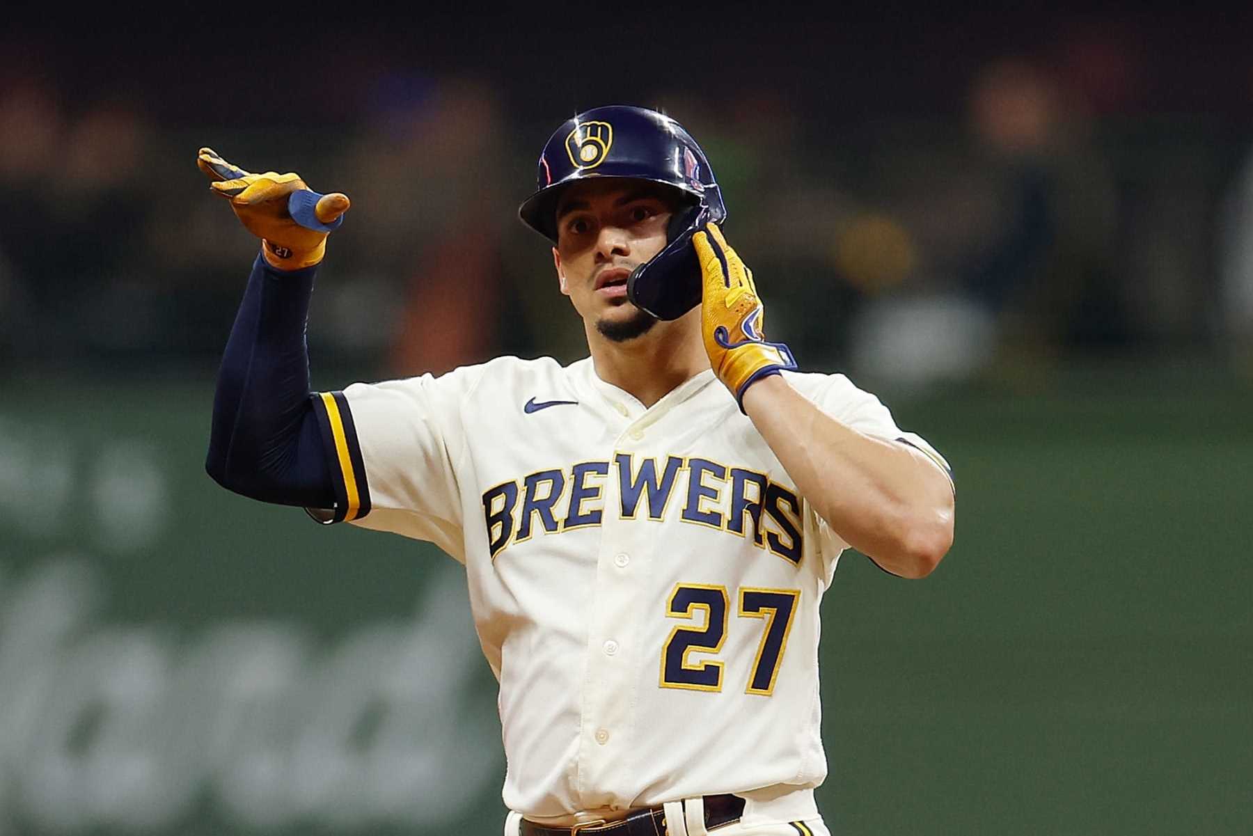 MILWAUKEE, WISCONSIN - SEPTEMBER 26: Willy Adames #27 of the Milwaukee Brewers reacts after hitting a double in the second inning against the St. Louis Cardinals at American Family Field on September 26, 2023 in Milwaukee, Wisconsin. (Photo by John Fisher/Getty Images)