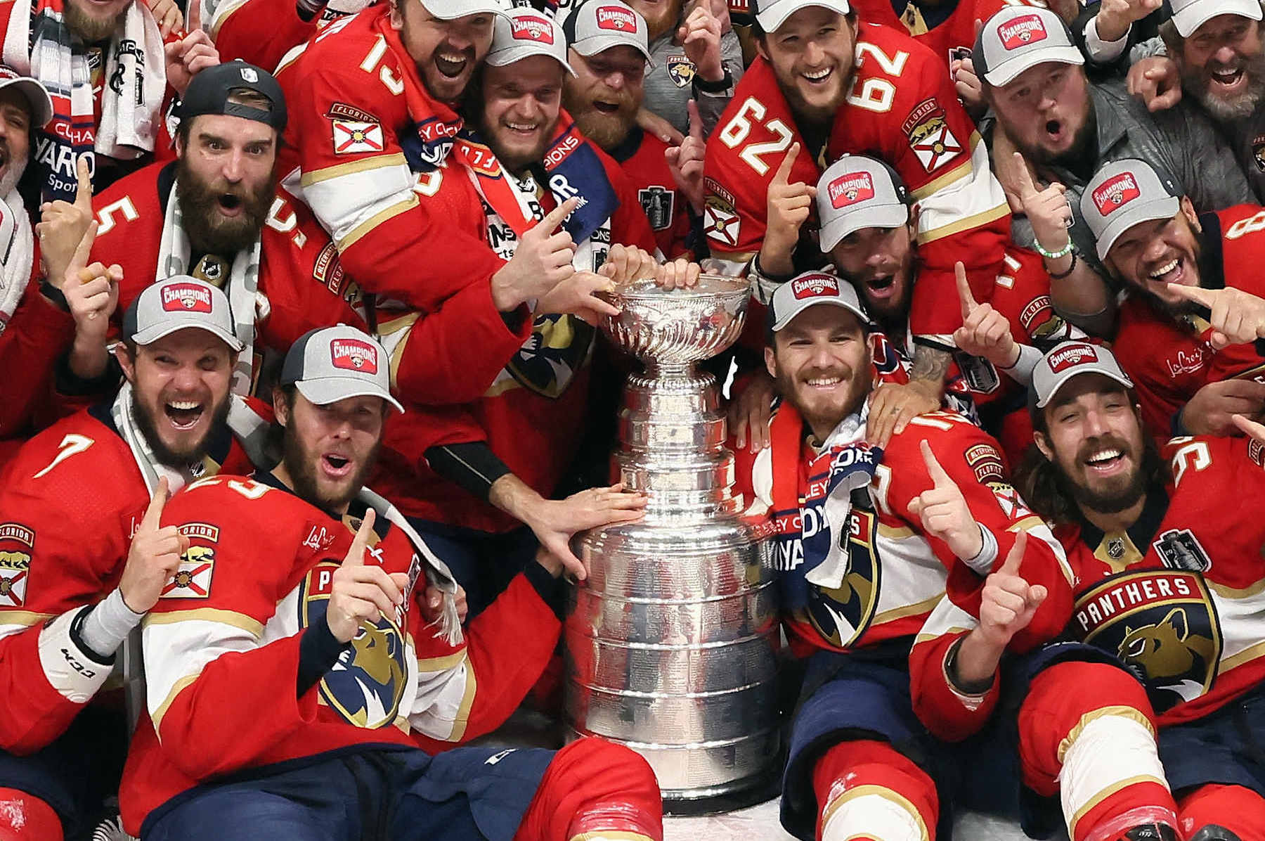 SUNRISE, FLORIDA - JUNE 24: The Florida Panthers celebrate with the Stanley Cup following a 2-1 victory over the Edmonton Oilers in Game Seven of the 2024 NHL Stanley Cup Final at Amerant Bank Arena on June 24, 2024 in Sunrise, Florida. (Photo by Bruce Bennett/Getty Images)