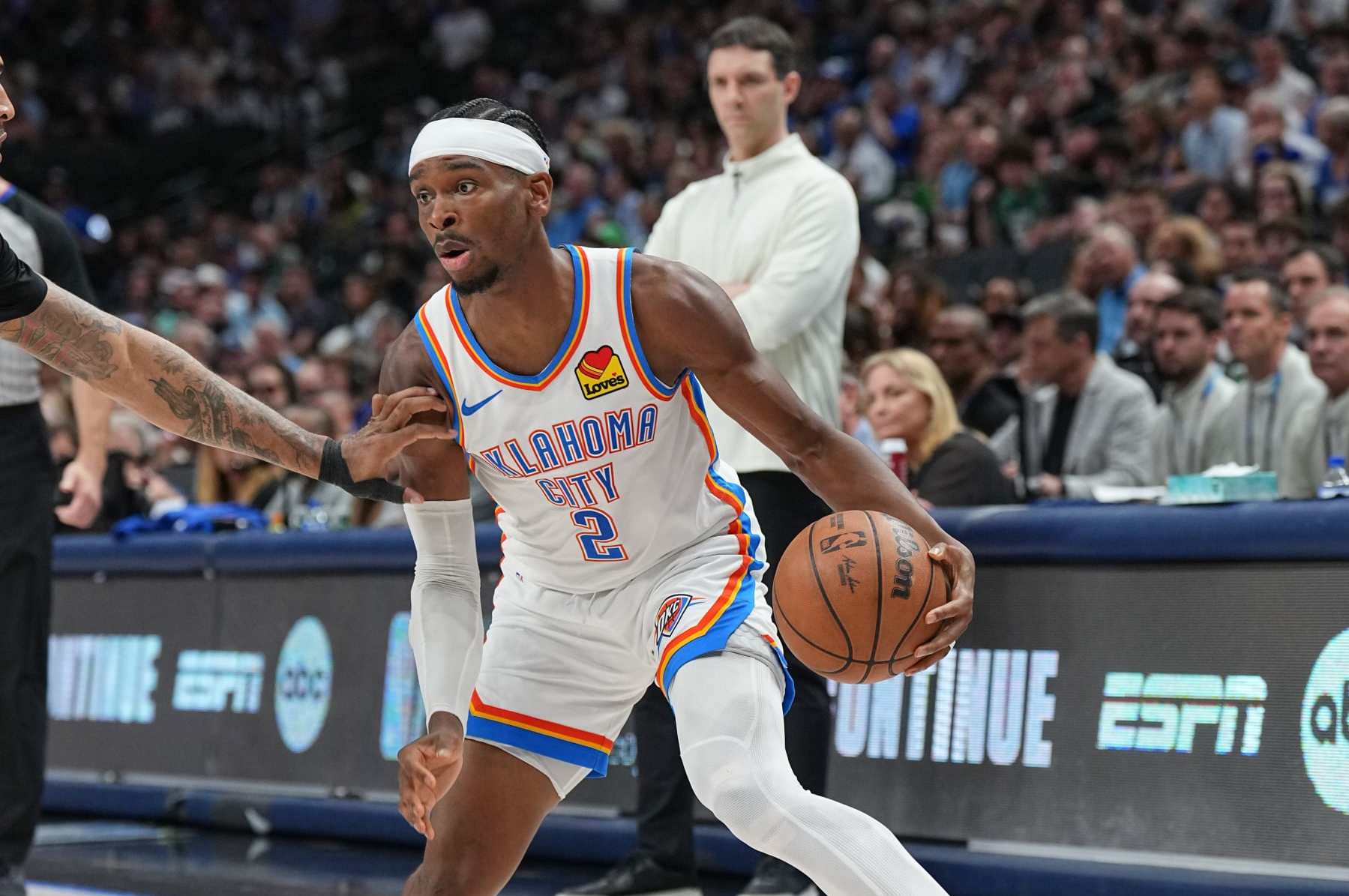 DALLAS, TX - MAY 18:  Shai Gilgeous-Alexander #2 of the Oklahoma City Thunder handles the ball during the game  against the Dallas Mavericks during Round 2 Game 6 of the 2024 NBA Playoffs  on May 18, 2024  at the American Airlines Center in Dallas, Texas. NOTE TO USER: User expressly acknowledges and agrees that, by downloading and or using this photograph, User is consenting to the terms and conditions of the Getty Images License Agreement. Mandatory Copyright Notice: Copyright 2024 NBAE (Photo by Glenn James/NBAE via Getty Images)