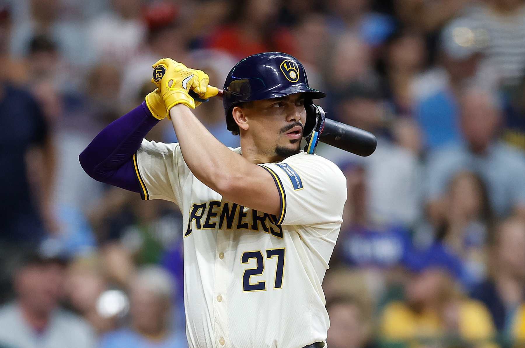 MILWAUKEE, WISCONSIN - SEPTEMBER 16: Willy Adames #27 of the Milwaukee Brewers up to bat against the Philadelphia Phillies at American Family Field on September 16, 2024 in Milwaukee, Wisconsin. (Photo by John Fisher/Getty Images)