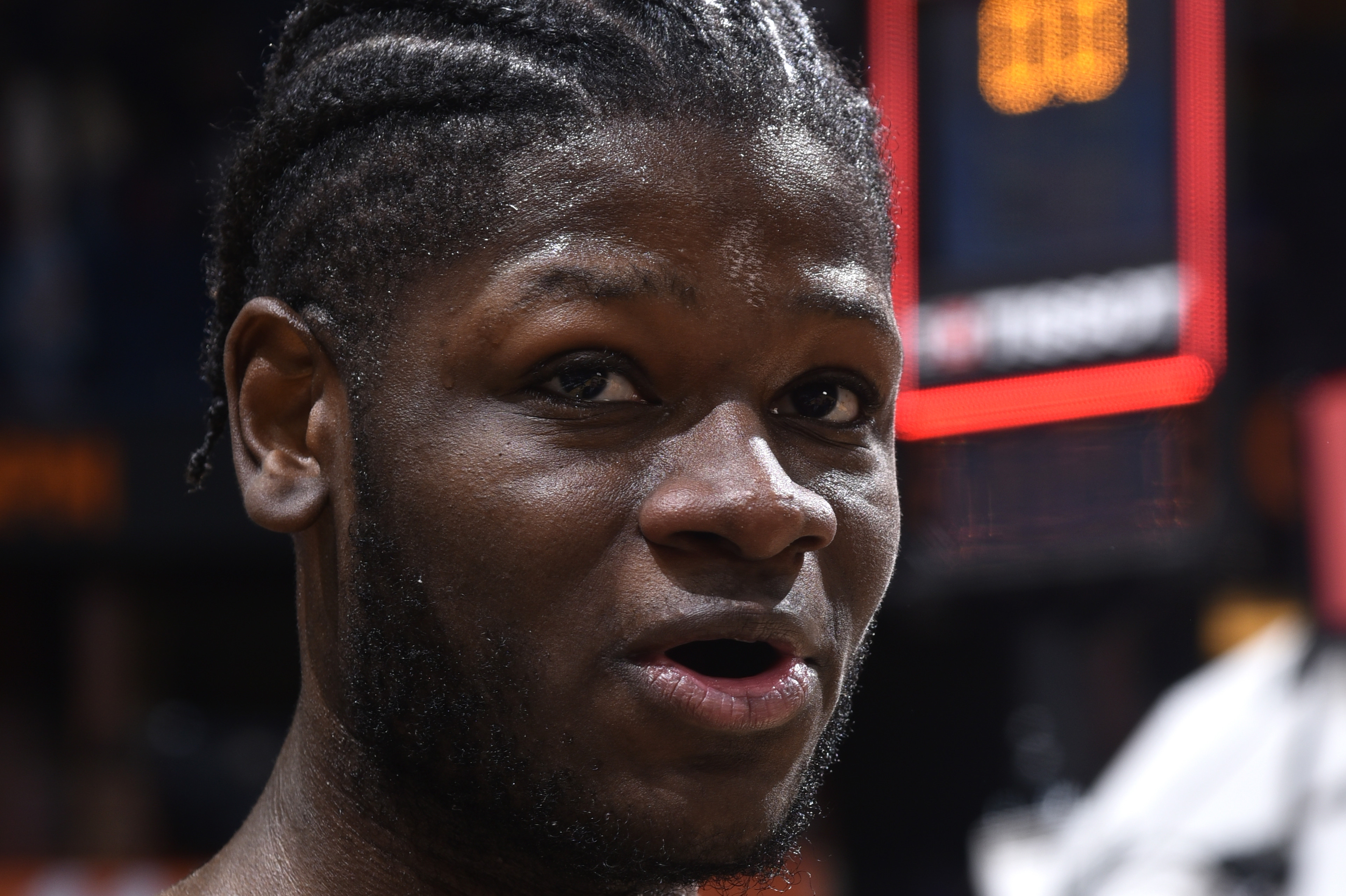 ORLANDO, FL - APRIL 5: Mo Bamba #5 of the Orlando Magic talks to the media after the game against the Cleveland Cavaliers on April 5, 2022 at Amway Center in Orlando, Florida. NOTE TO USER: User expressly acknowledges and agrees that, by downloading and or using this photograph, User is consenting to the terms and conditions of the Getty Images License Agreement. Mandatory Copyright Notice: Copyright 2022 NBAE (Photo by Gary Bassing /NBAE via Getty Images)