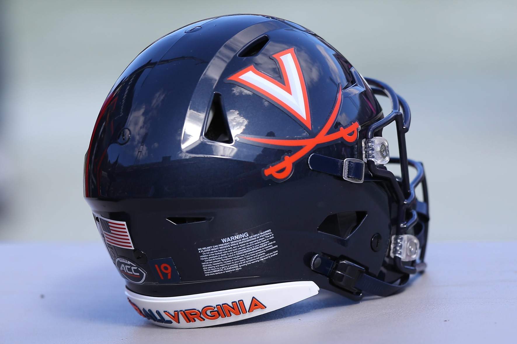CHARLOTTESVILLE, VA - OCTOBER 29: Virginia Cavaliers helmet resting on a table during a college football game between the Miami Hurricanes and the Virginia Cavaliers on October 29, 2022, at Scott Stadium in Charlottesville, VA. (Photo by Lee Coleman/Icon Sportswire via Getty Images)