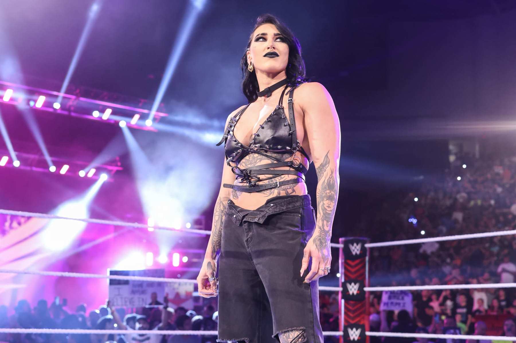 DAYTON, OHIO - JULY 15: Rhea Ripley enters the ring during Monday Night RAW at WSU Nutter Center on July 15, 2024 in Dayton, Ohio. (Photo by WWE/Getty Images)