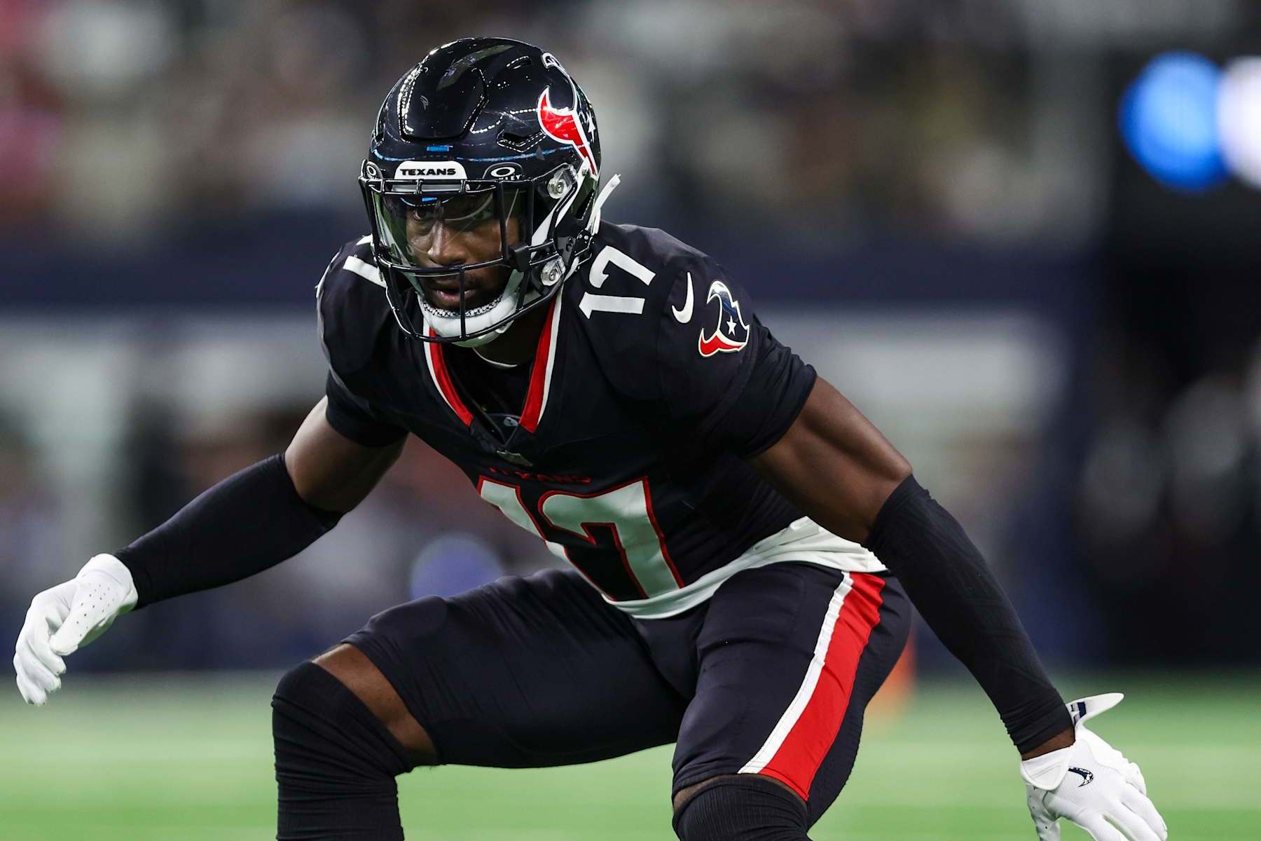 ARLINGTON, TEXAS - NOVEMBER 18: Kris Boyd #17 of the Houston Texans defends in coverage during an NFL football game against the Dallas Cowboys at AT&T Stadium on November 18, 2024 in Arlington, Texas. (Photo by Perry Knotts/Getty Images)