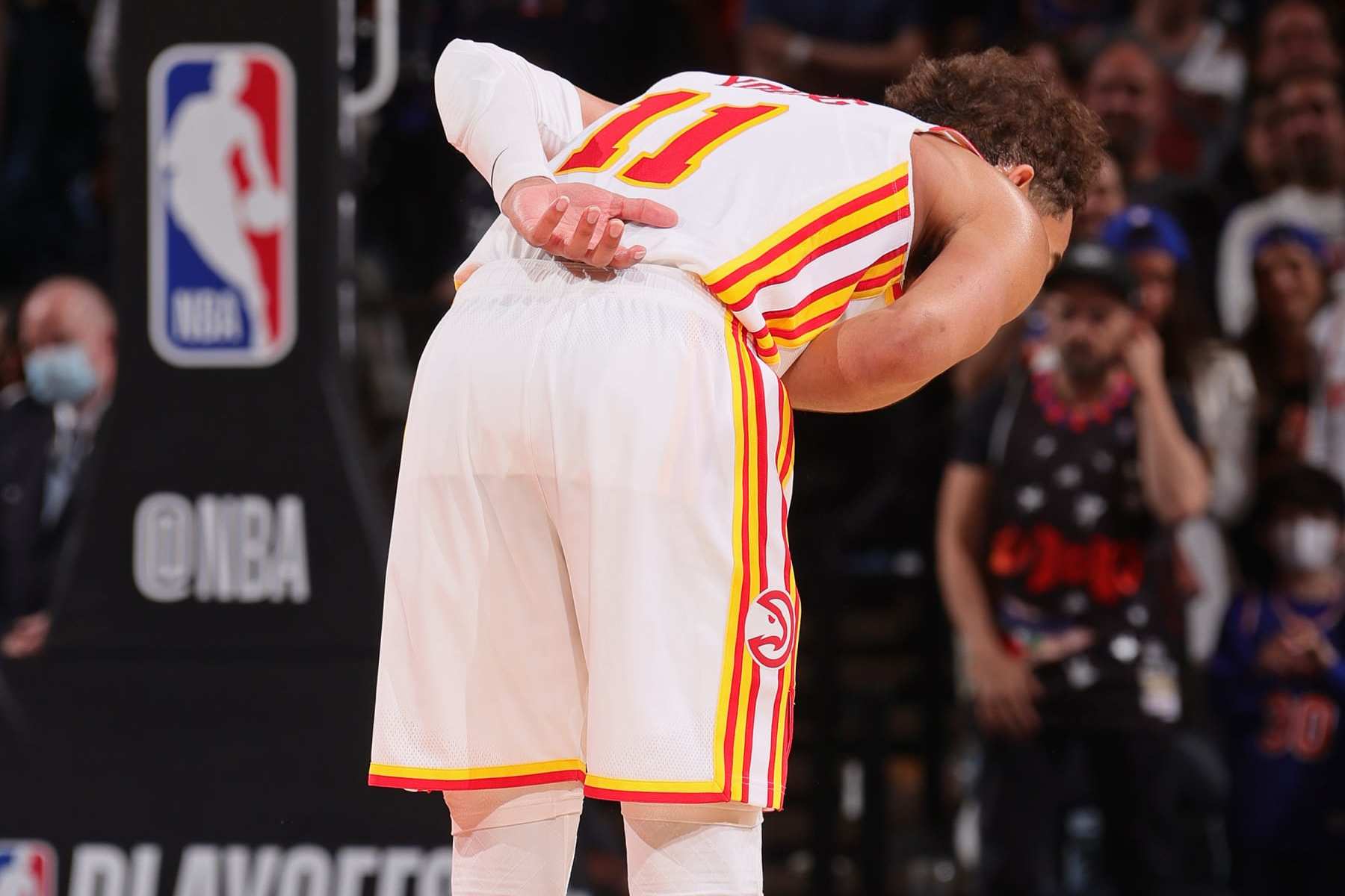 NEW YORK, NY - JUNE 2: Trae Young #11 of the Atlanta Hawks bows to the crowd against the New York Knicks during Round 1, Game 5 of the 2021 NBA Playoffs on June 2, 2021 at Madison Square Garden in New York City, New York.  NOTE TO USER: User expressly acknowledges and agrees that, by downloading and or using this photograph, User is consenting to the terms and conditions of the Getty Images License Agreement. Mandatory Copyright Notice: Copyright 2021 NBAE  (Photo by Nathaniel S. Butler/NBAE via Getty Images)