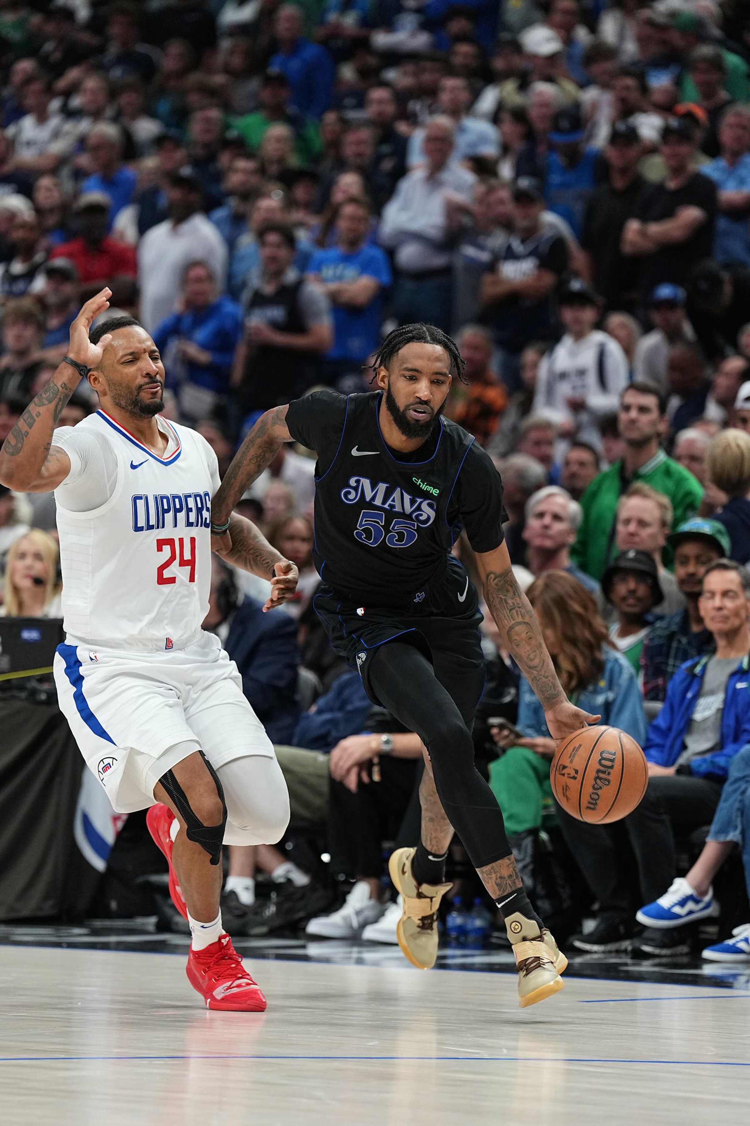 DALLAS, TX - MAY 3: Derrick Jones Jr. #55 of the Dallas Mavericks drives to the basket during the game against the LA Clippers during Round 1 Game 6 of the 2024 NBA Playoffs on May 3, 2024 at the American Airlines Center in Dallas, Texas. NOTE TO USER: User expressly acknowledges and agrees that, by downloading and or using this photograph, User is consenting to the terms and conditions of the Getty Images License Agreement. Mandatory Copyright Notice: Copyright 2024 NBAE (Photo by Glenn James/NBAE via Getty Images) DALLAS, TX - MAY 3: Derrick Jones Jr. #55 of the Dallas Mavericks drives to the basket during the game against the LA Clippers during Round 1 Game 6 of the 2024 NBA Playoffs on May 3, 2024 at the American Airlines Center in Dallas, Texas. NOTE TO USER: User expressly acknowledges and agrees that, by downloading and or using this photograph, User is consenting to the terms and conditions of the Getty Images License Agreement. Mandatory Copyright Notice: Copyright 2024 NBAE (Photo by Glenn James/NBAE via Getty Images)