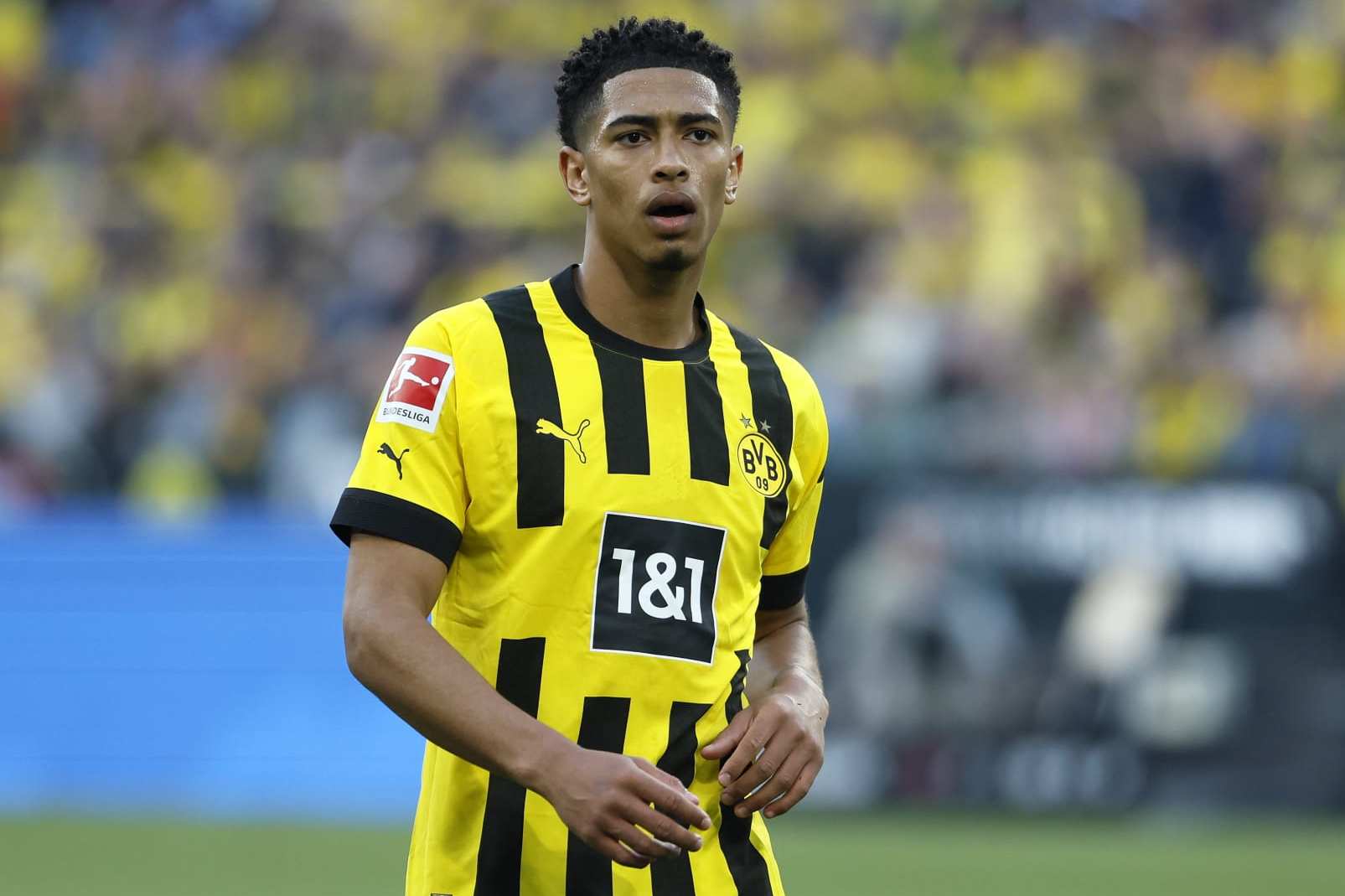 DORTMUND, GERMANY - MAY 13: Jude Bellingham of Borussia Dortmund looks on during the Bundesliga match between Borussia Dortmund and Borussia Mönchengladbach at Signal Iduna Park on May 13, 2023 in Dortmund, Germany. (Photo by Joachim Bywaletz/DeFodi Images via Getty Images)