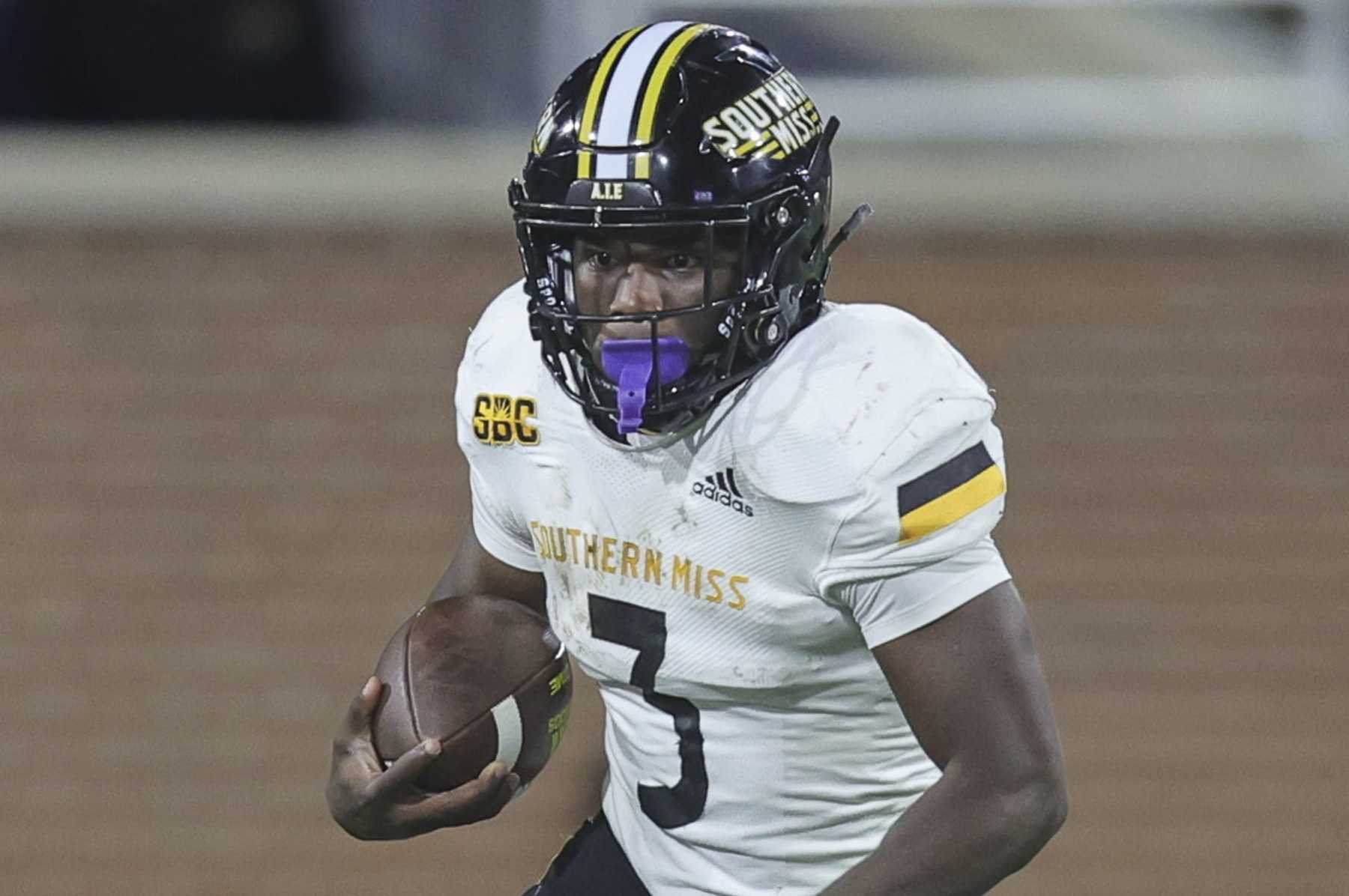 MOBILE, AL - OCTOBER 17: Southern Miss Golden Eagles running back Frank Gore Jr. (3) carries during a college football game between the Southern Miss Golden Eagles and the South Alabama Jaguars on October 17, 2023, at Hancock-Whitney Stadium, Mobile, Alabama. (Photo by Bobby McDuffie/Icon Sportswire via Getty Images)