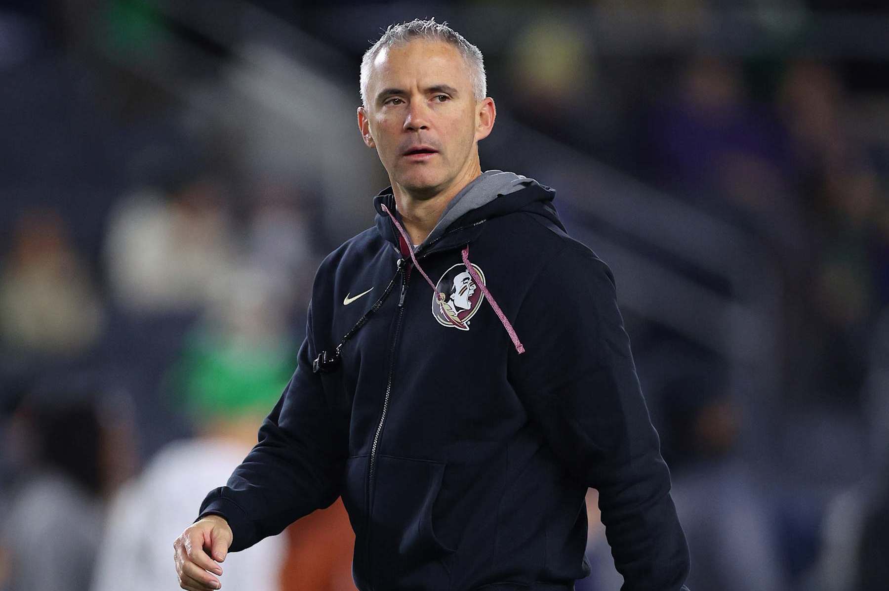 SOUTH BEND, INDIANA - NOVEMBER 09: Head coach Mike Norvell of the Florida State Seminoles looks on prior to the game against the Notre Dame Fighting Irish at Notre Dame Stadium on November 09, 2024 in South Bend, Indiana. (Photo by Michael Reaves/Getty Images)