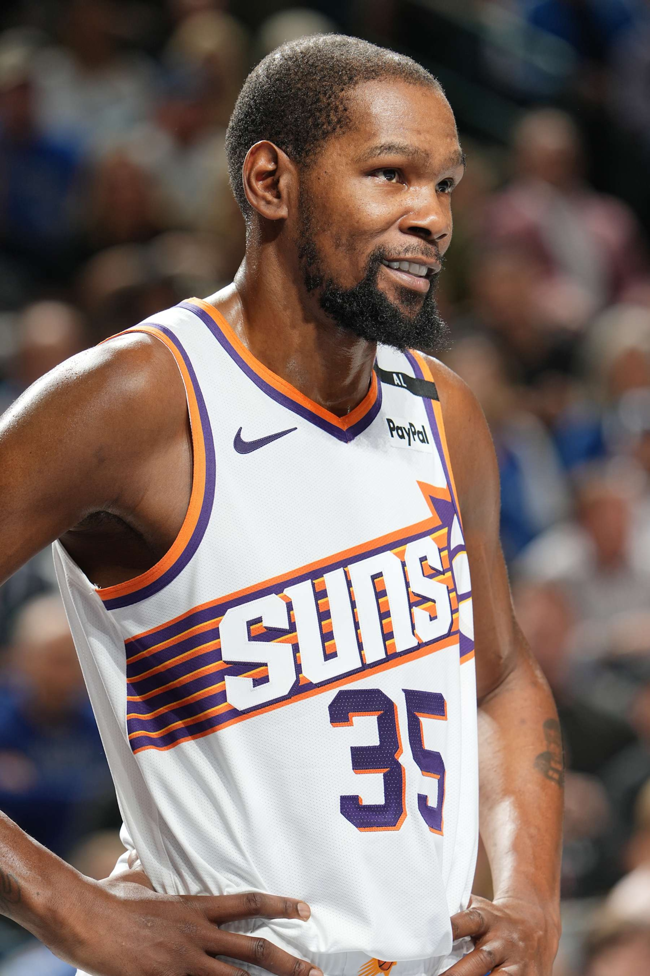 DALLAS, TX - NOVEMBER 8: Kevin Durant #35 of the Phoenix Suns smiles during the game against the Dallas Mavericks on November 6, 2024 at the American Airlines Center in Dallas, Texas. NOTE TO USER: User expressly acknowledges and agrees that, by downloading and or using this photograph, User is consenting to the terms and conditions of the Getty Images License Agreement. Mandatory Copyright Notice: Copyright 2024 NBAE (Photo by Glenn James/NBAE via Getty Images) DALLAS, TX - NOVEMBER 8: Kevin Durant #35 of the Phoenix Suns smiles during the game against the Dallas Mavericks on November 6, 2024 at the American Airlines Center in Dallas, Texas. NOTE TO USER: User expressly acknowledges and agrees that, by downloading and or using this photograph, User is consenting to the terms and conditions of the Getty Images License Agreement. Mandatory Copyright Notice: Copyright 2024 NBAE (Photo by Glenn James/NBAE via Getty Images)